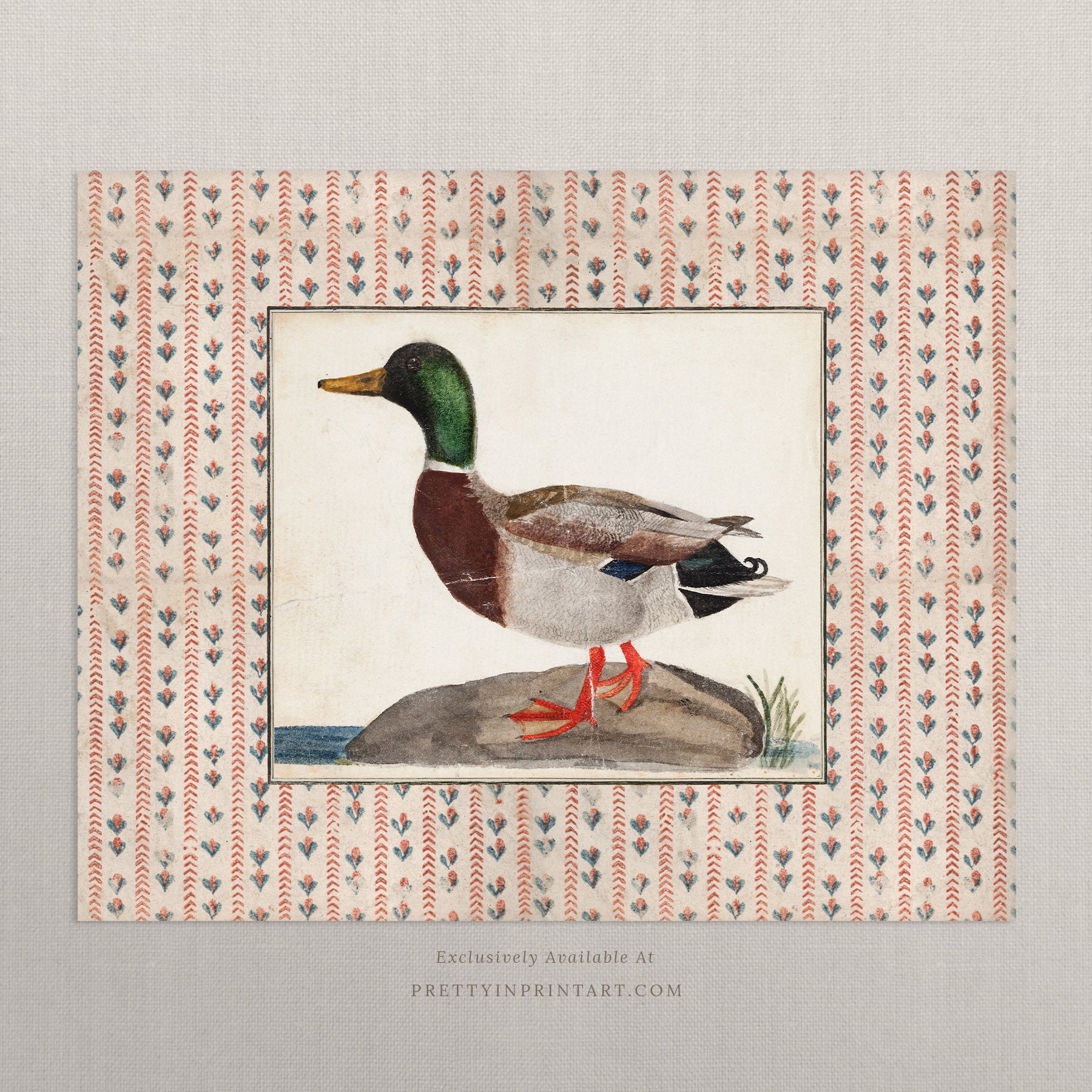 Pretty vintage duck art print – antique-style framed nursery wall decor in soft neutral tones