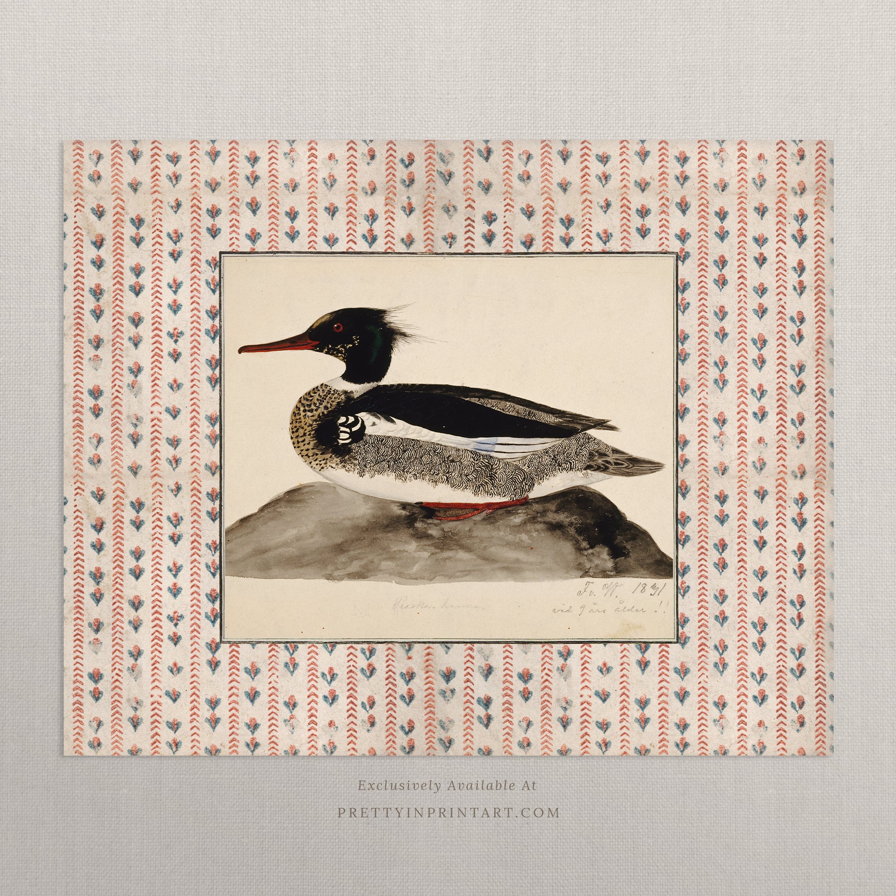 Vintage-style art prints featuring ducks, geese, swans, framed in classic gold or wood frames, perfect for traditional or country-themed vintage nursery, or any room in the home.