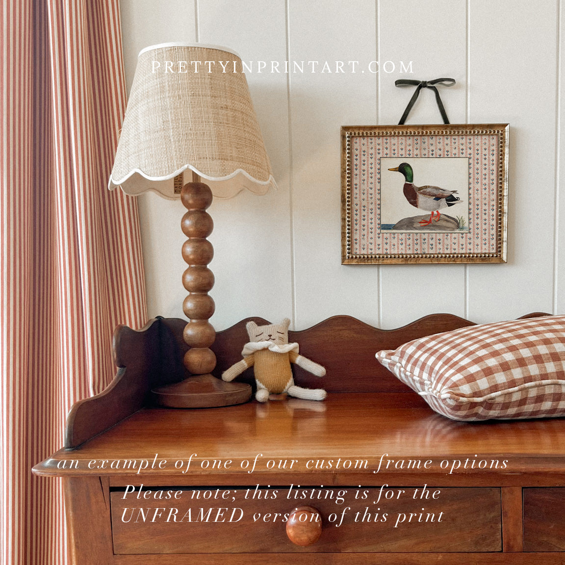 Pretty vintage duck art print – antique-style framed nursery wall decor in soft neutral tones