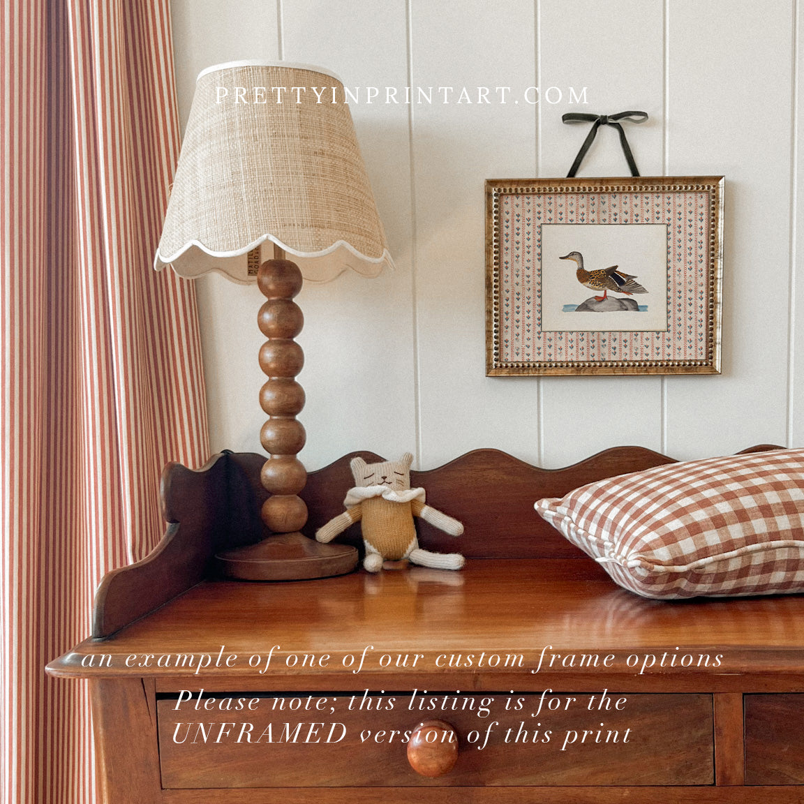 Vintage-style art prints featuring ducks, geese, swans, framed in classic gold or wood frames, perfect for traditional or country-themed vintage nursery, or any room in the home.