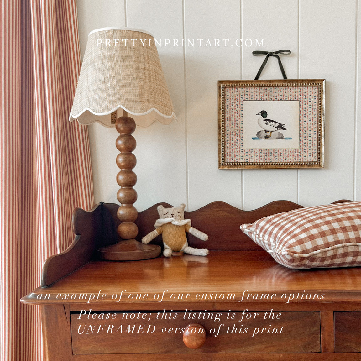 Vintage-style art prints featuring ducks, geese, swans, framed in classic gold or wood frames, perfect for traditional or country-themed vintage nursery, or any room in the home.