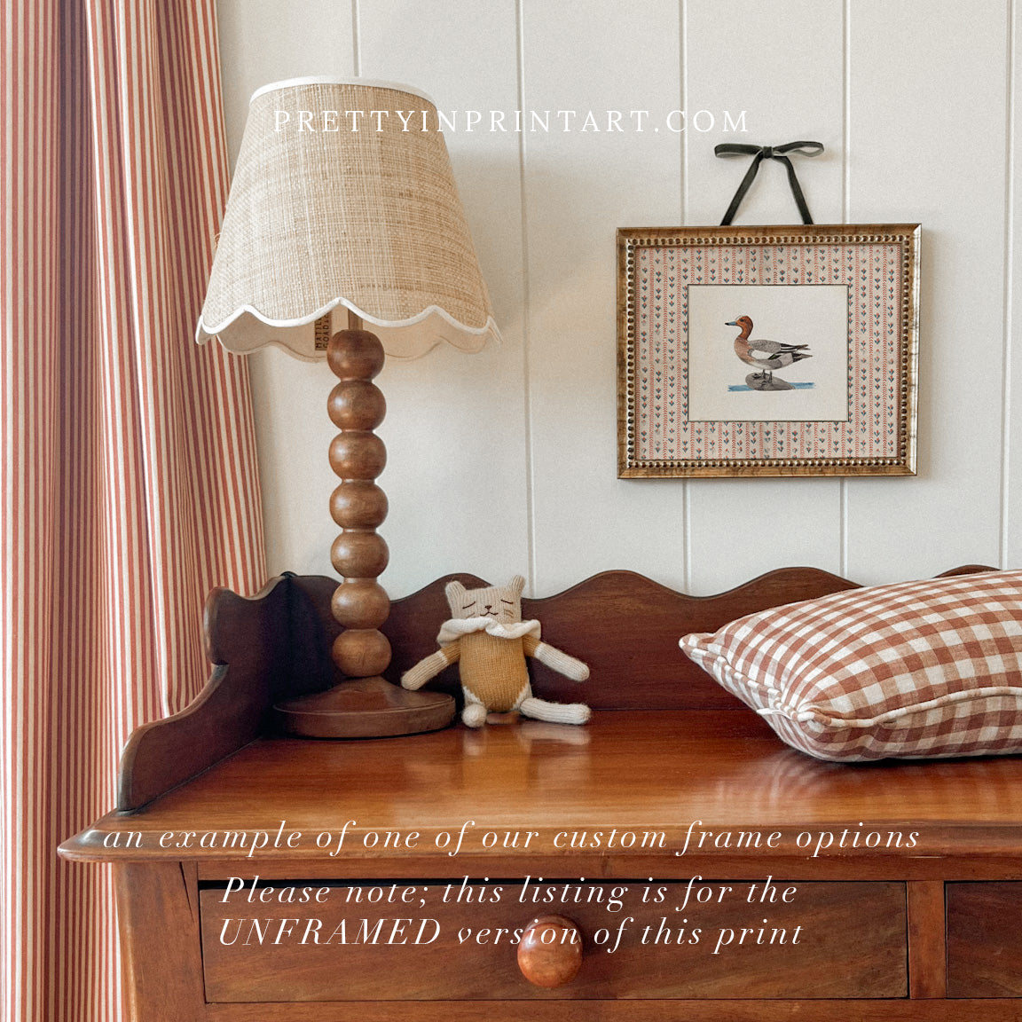 Vintage-style art prints featuring ducks, geese, swans, framed in classic gold or wood frames, perfect for traditional or country-themed vintage nursery, or any room in the home.