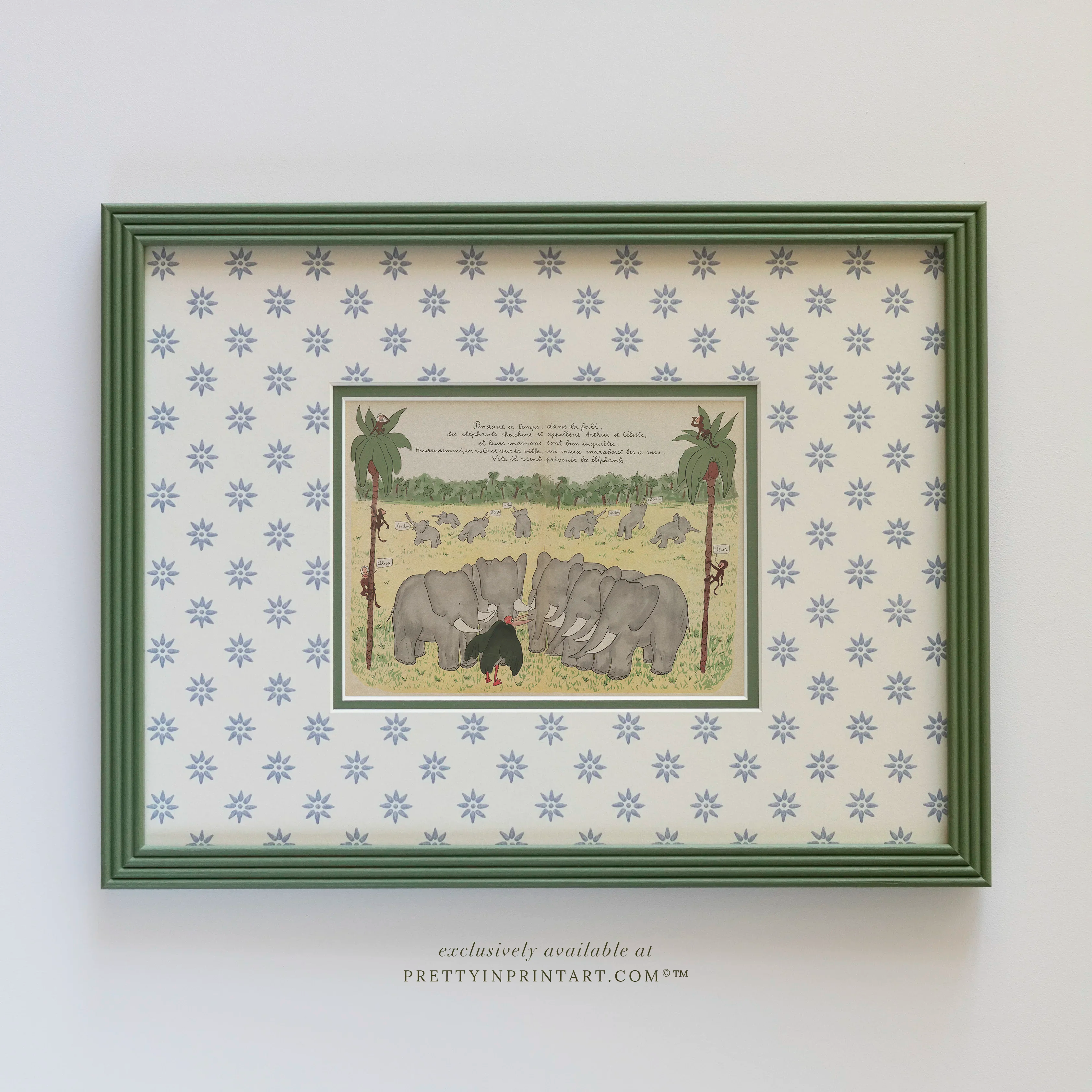 Babar Nursery Art Print in Green Hand Painted Frame | Wallpapered Mount (002)