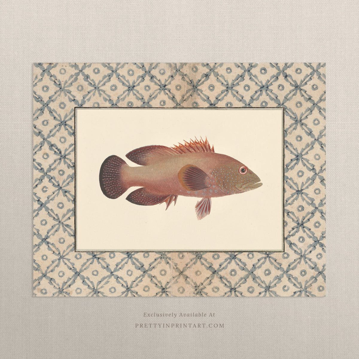 Vintage plum and rust fish art print with a blue lattice border, unframed