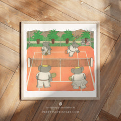 Babar the Elephant Nursery Art Print – Tennis Scene, Framed in Wood Frame