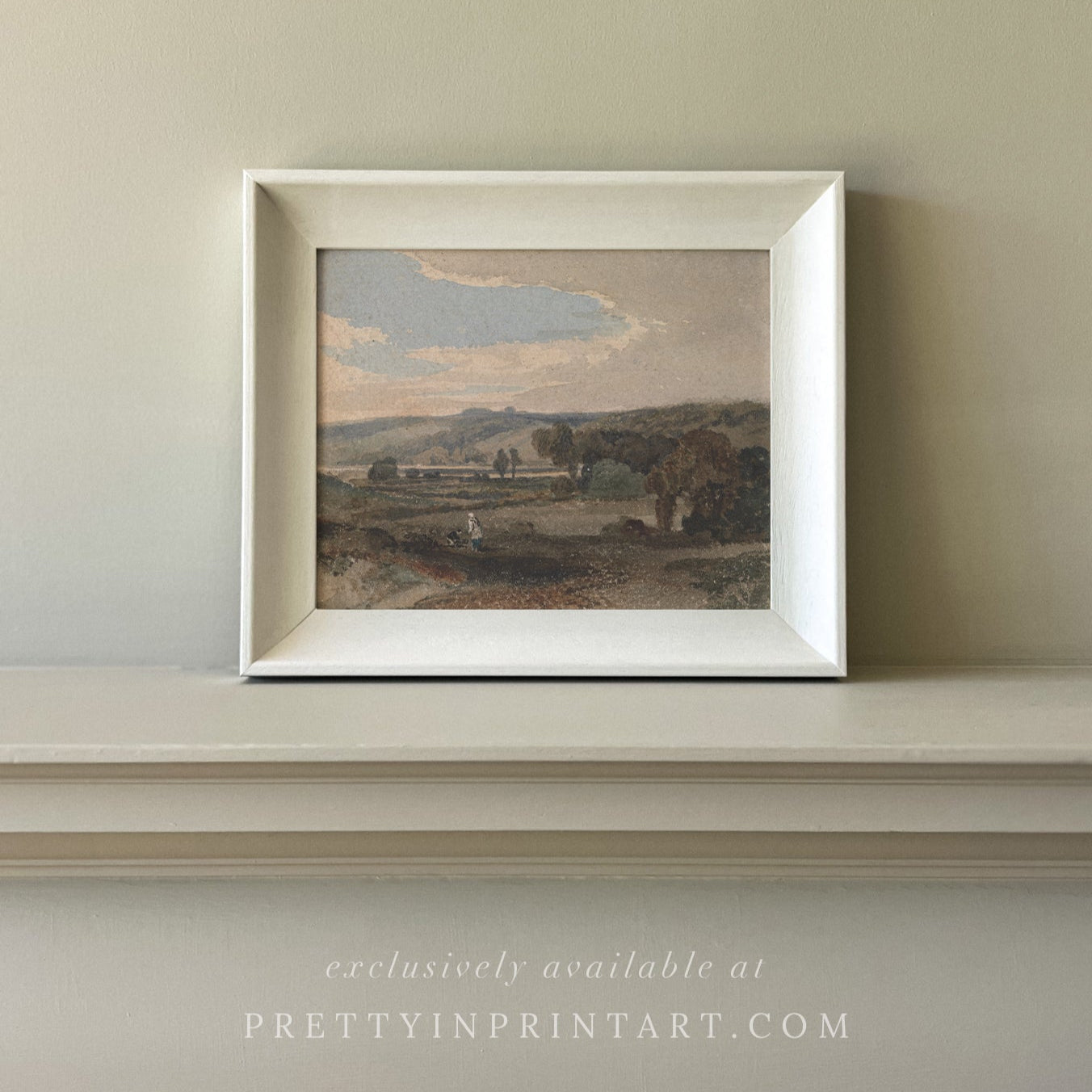 vintage landscape art print in hand painted picture frame on fireplace mantle hollyhock little greene paint and Farrow & Ball's Bone paint.