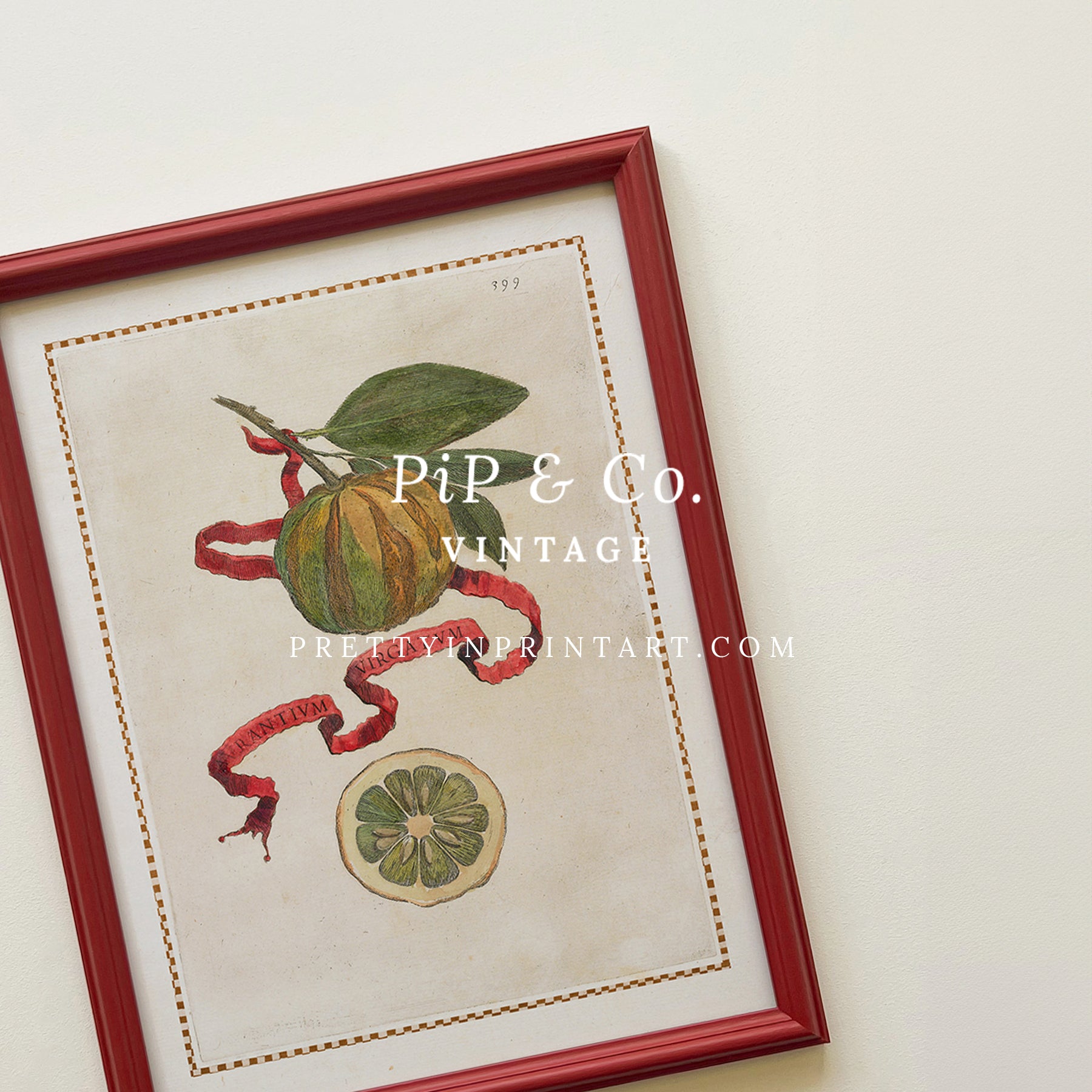 Framed Vintage Citrus Fruit Art for Kitchen – Red Farrow & Ball Frame Framed vintage citrus fruit kitchen art with red Farrow & Ball painted frame. Oranges, lemons, and limes botanical print for farmhouse or Mediterranean décor.