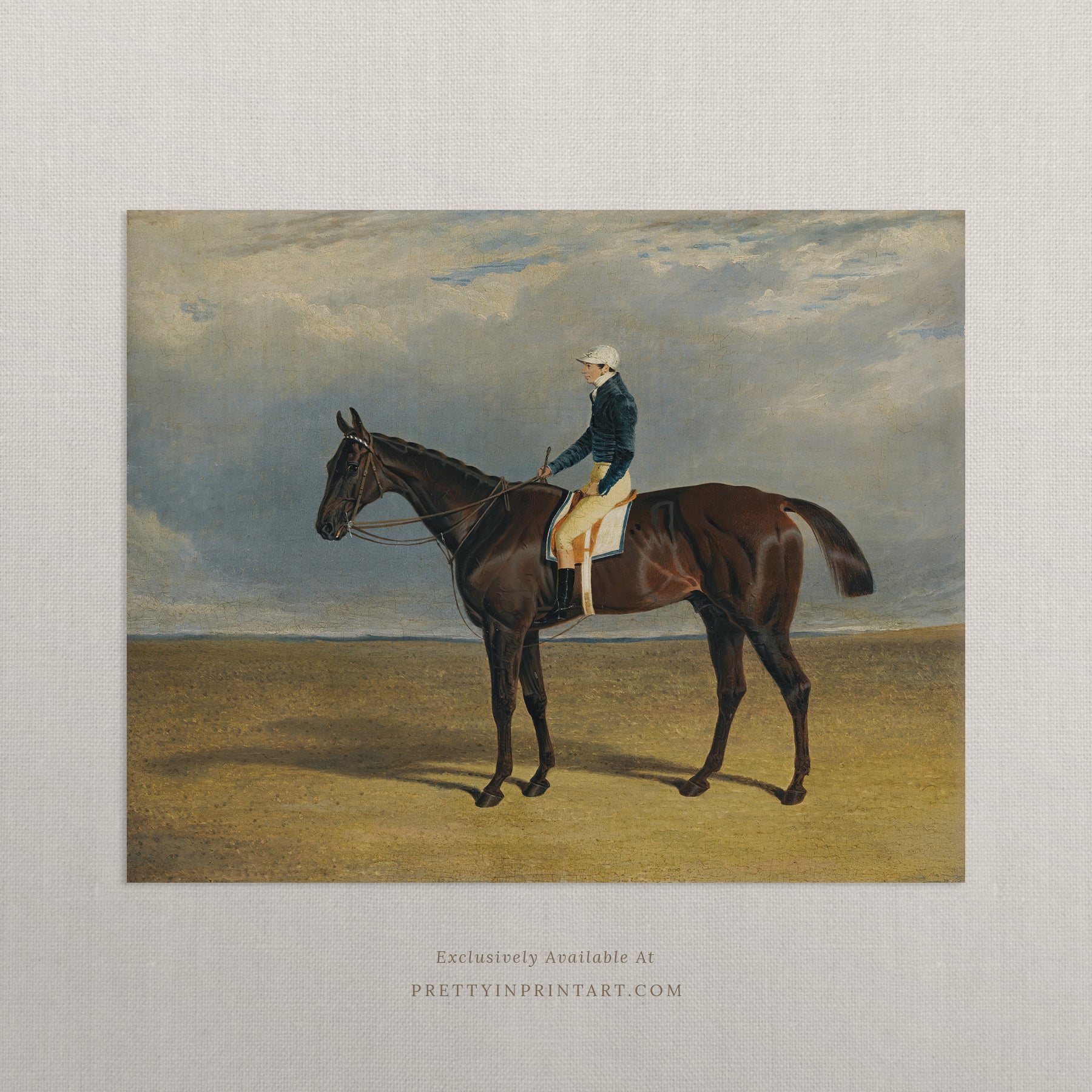 Antique‑style equine wall art, vintage horse racing illustration in distressed black and gold frame for classic interiors.