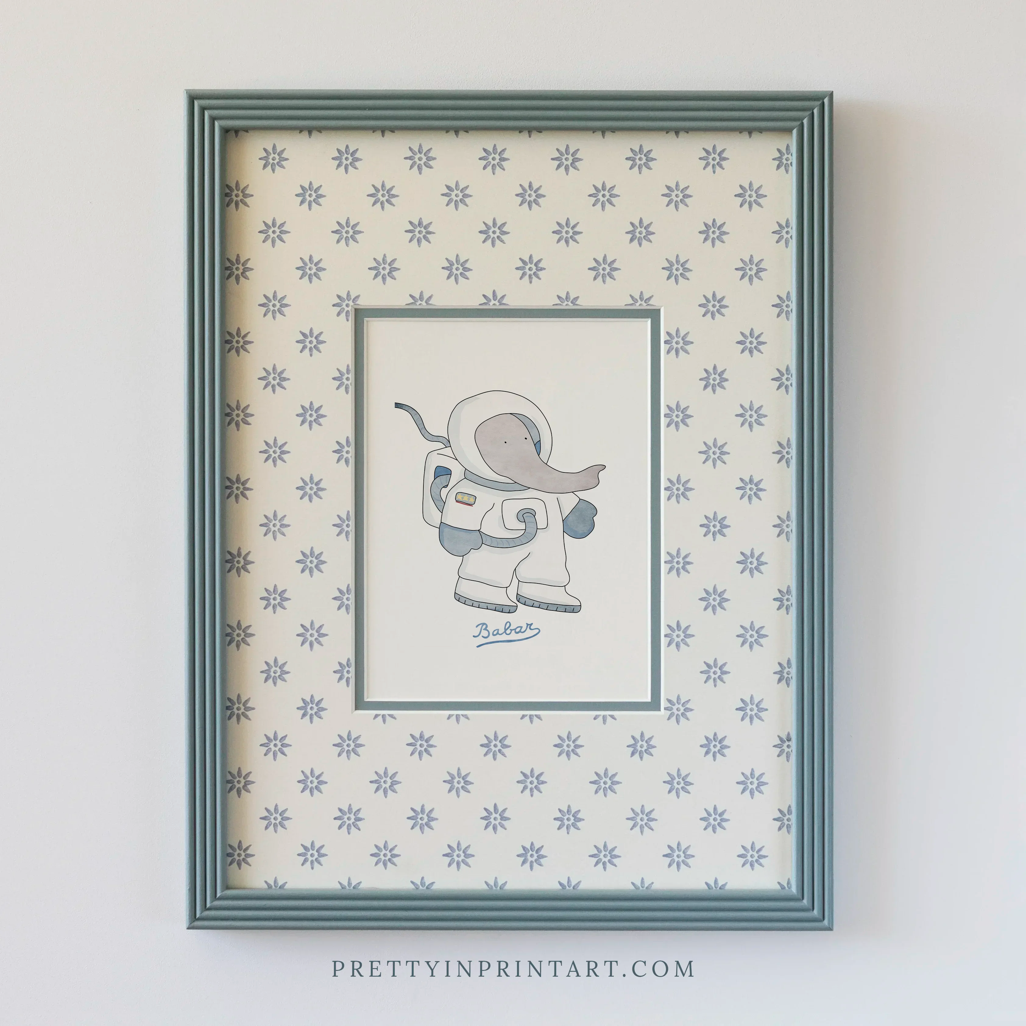 Babar Astronaut Nursery Art in Blue Hand Painted Frame | Wallpapered Mount