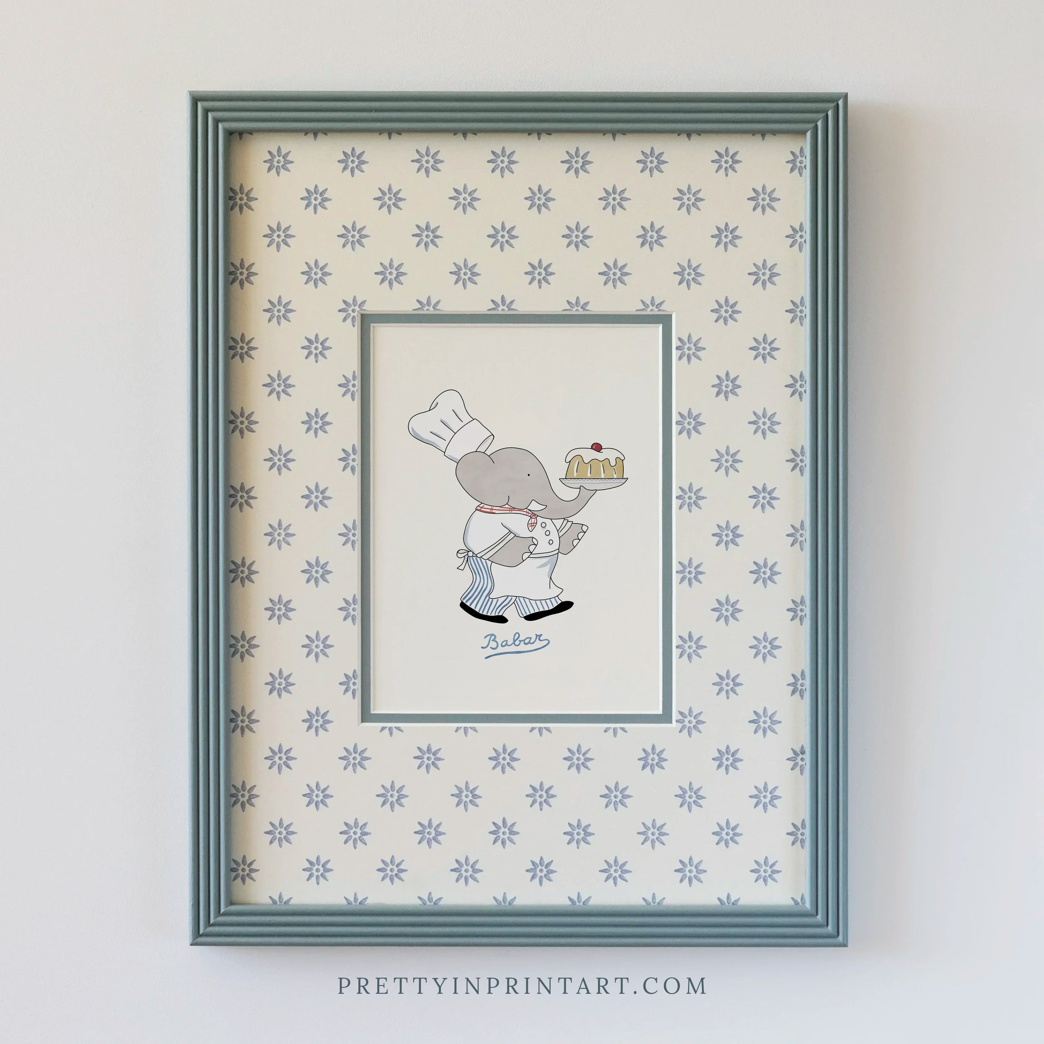Babar Chef Nursery Art in Blue Hand Painted Frame | Wallpapered Mount