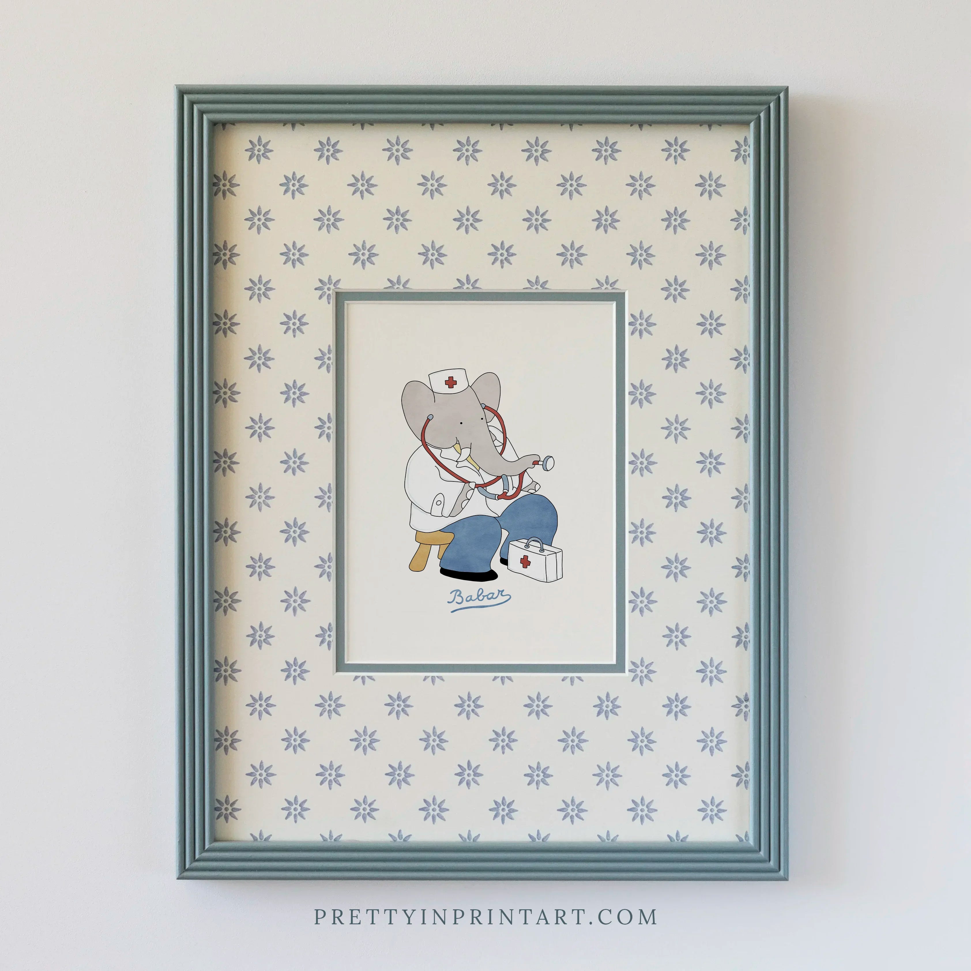 Babar Doctor Nursery Art in Blue Hand Painted Frame | Wallpapered Mount