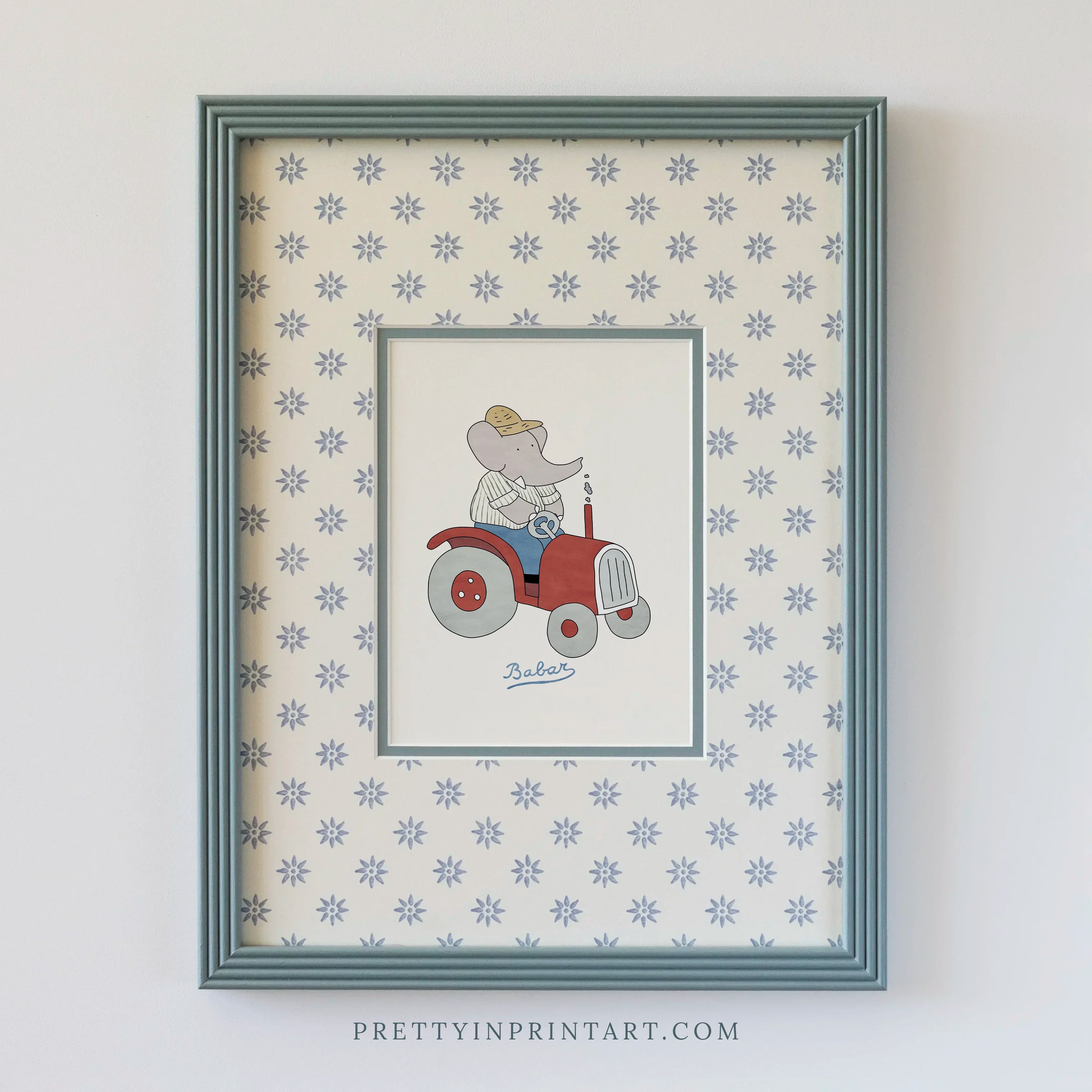 Babar Farmer Nursery Art in Blue Hand Painted Frame | Wallpapered Mount