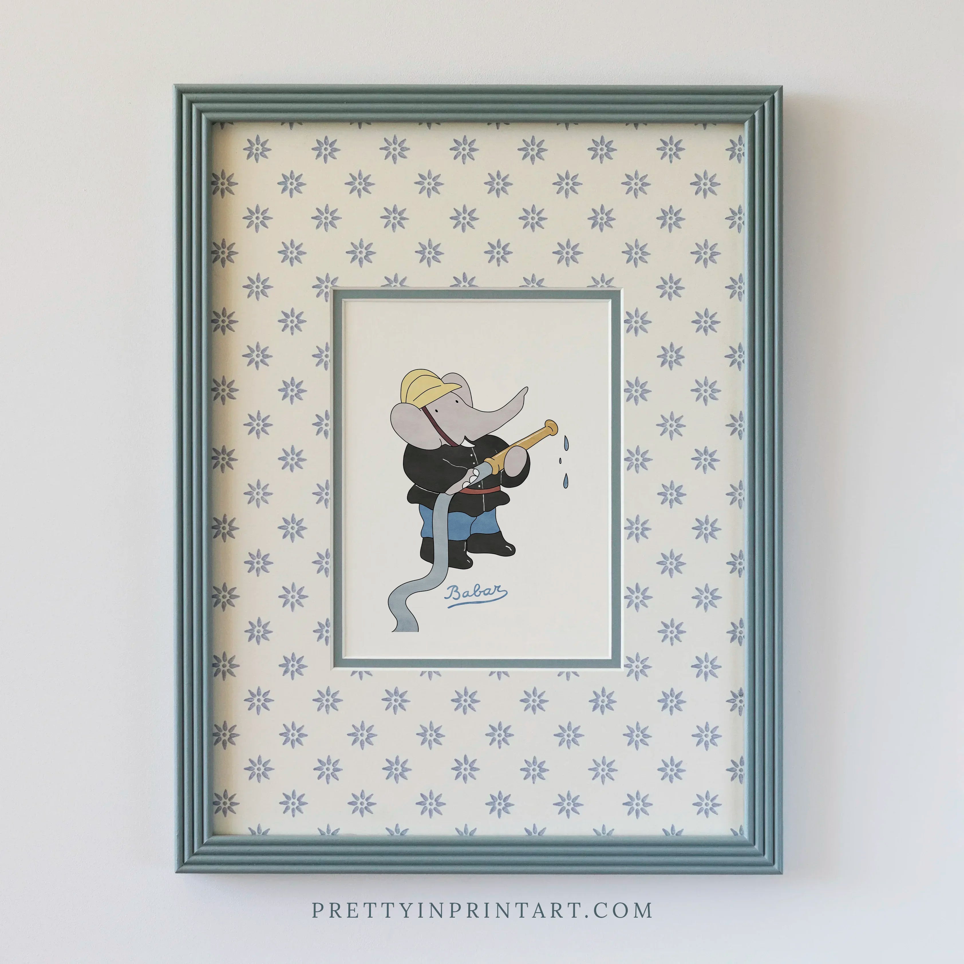 Babar Fireman Nursery Art in Blue Hand Painted Frame | Wallpapered Mount