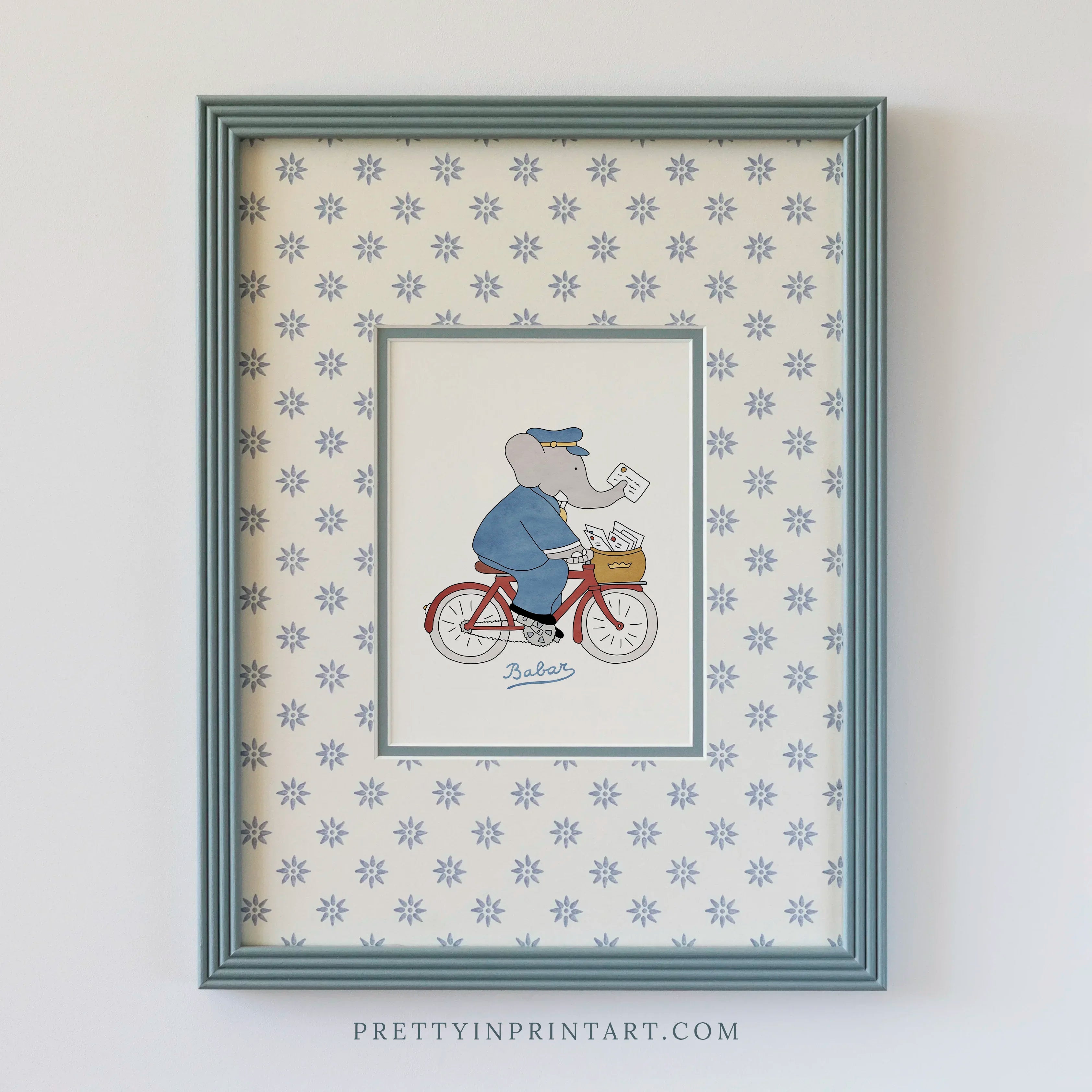 Babar Postman Nursery Art in Blue Hand Painted Frame | Wallpapered Mount