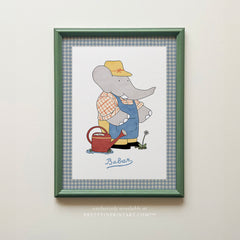 Babar Nursery Art, the Gardener | Framed (Calke Green Farrow & Ball 00303)