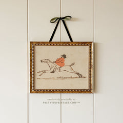 Vintage Hunting Scene Sketch Art Print – Framed in Antique Gold Bobbin Frame, Equestrian Countryside Wall Art (GOLD-0160)