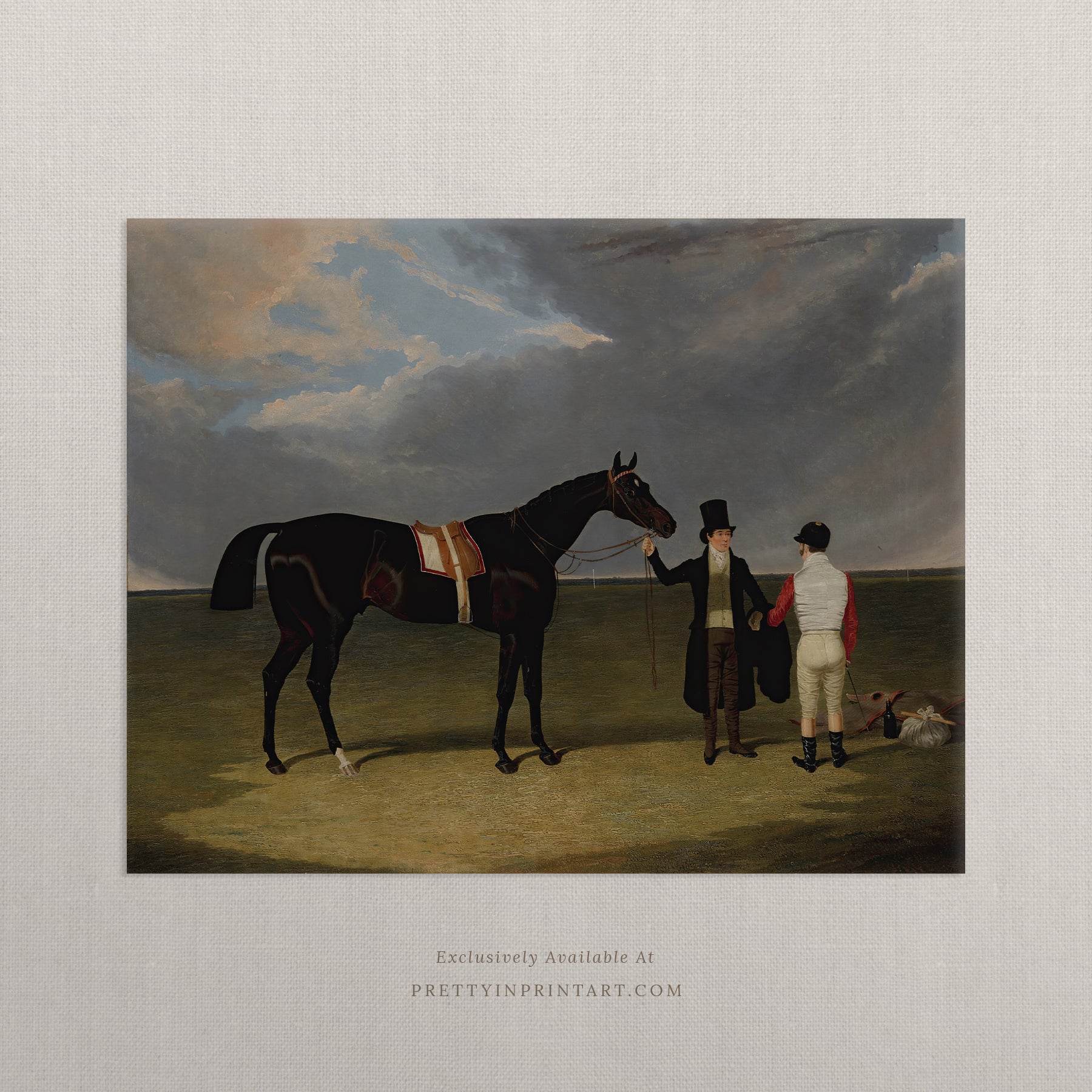 Vintage horse racing art, equestrian print in distressed black and gold antique frame, traditional racing wall décor for homes.