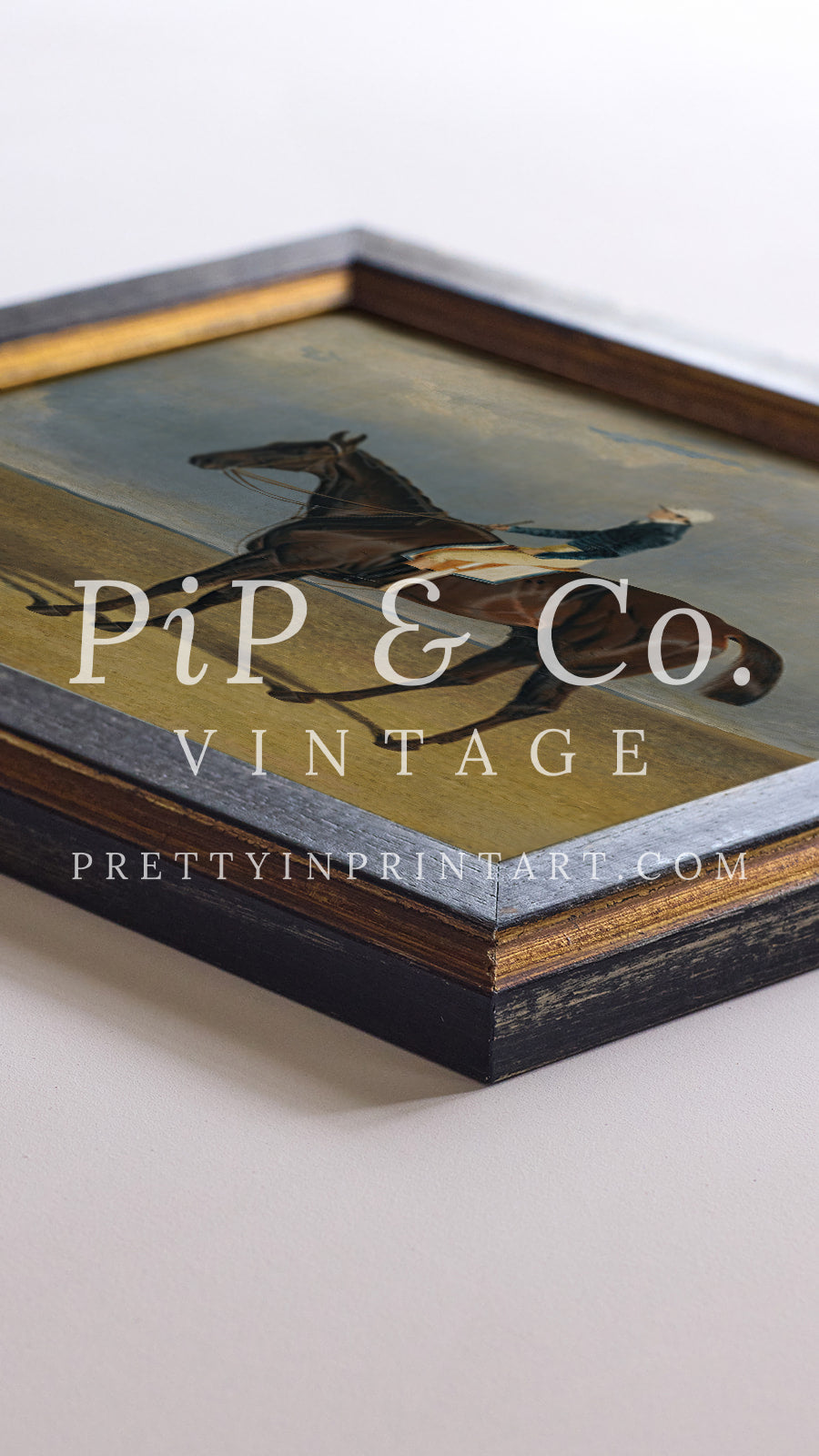 Vintage equestrian horse racing print in distressed black and gold antique‑style frame, classic jockey and thoroughbred art for country or farmhouse décor.