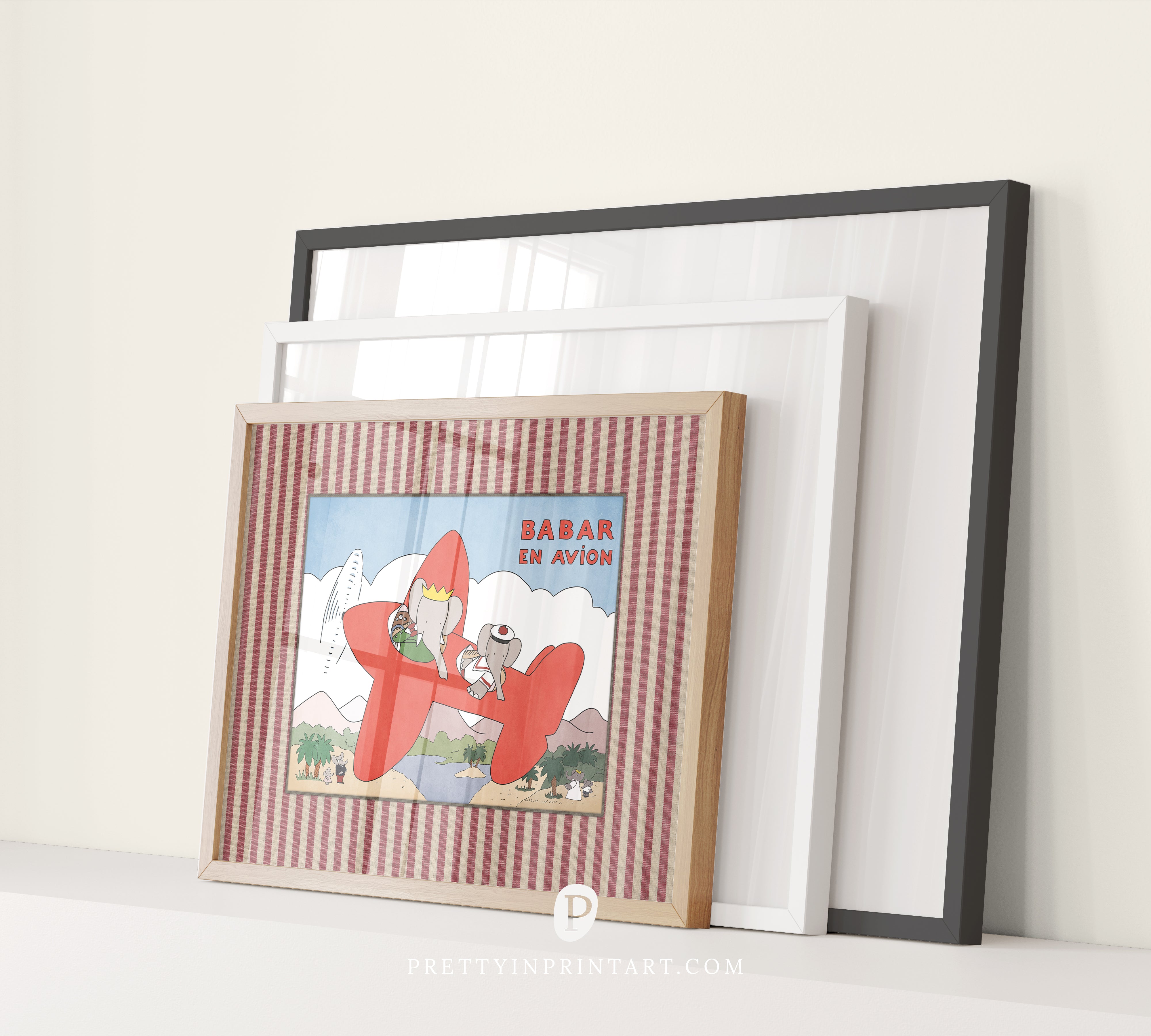 framed-babar-nursery-art-red-plane-elephant-vintage-wall-print