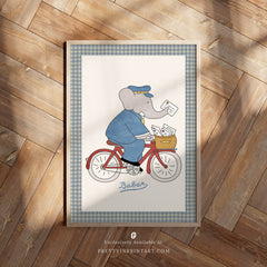 Babar the Elephant Postman Nursery Art Print – Framed with Printed Linen-Look Gingham Border