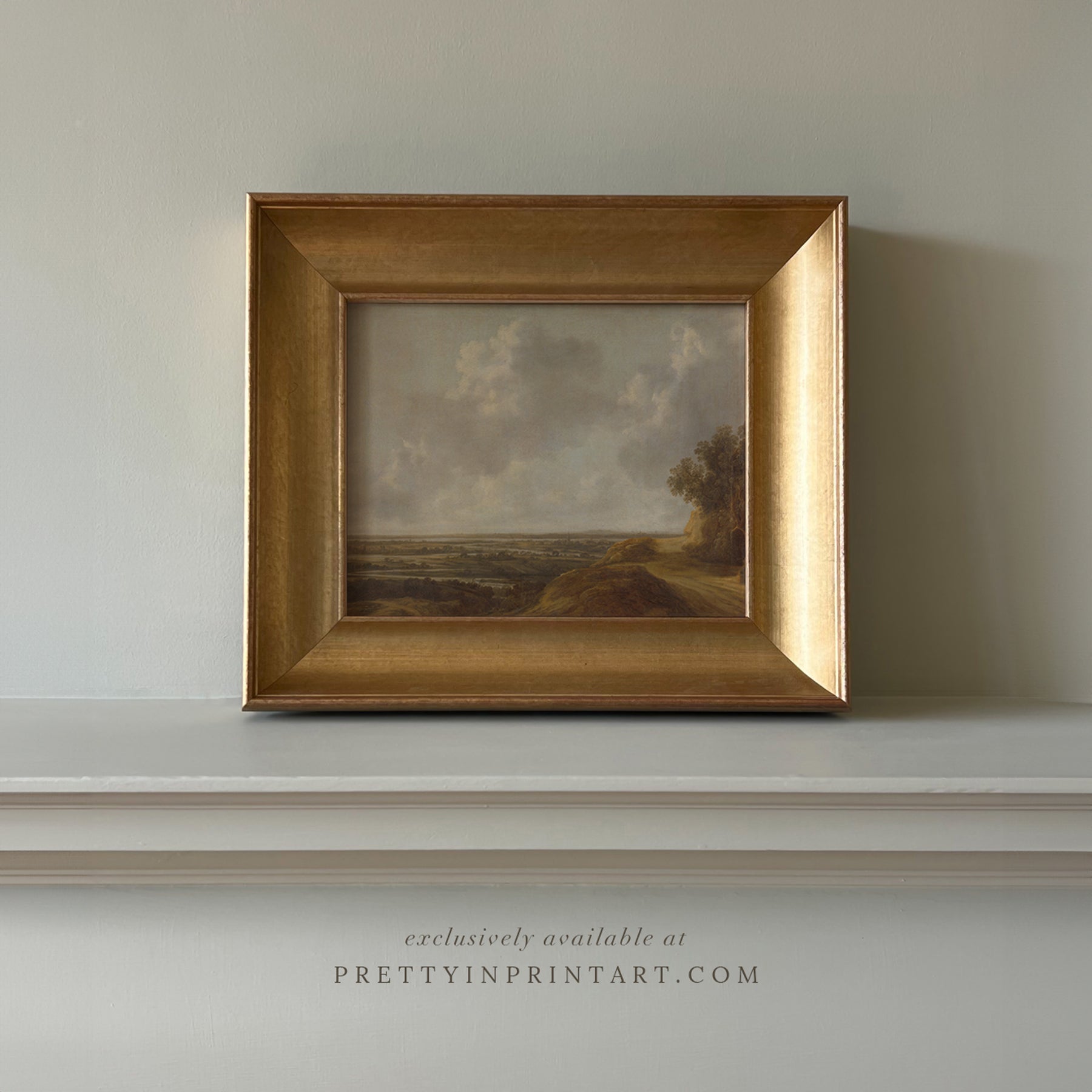 Framed vintage landscape art print in gold gilt Italian frame