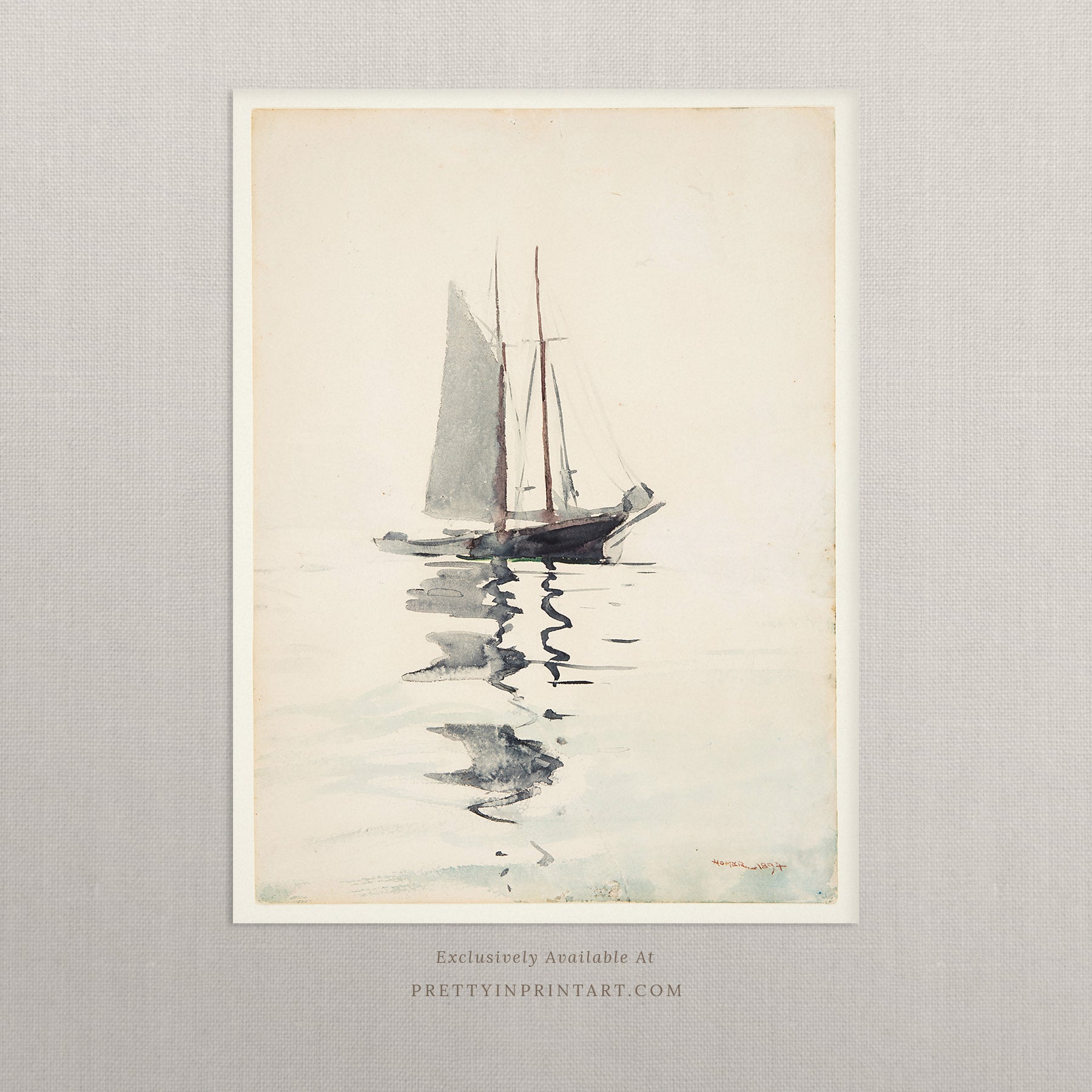 Detailed antique sailing boat sketch art print for vintage nautical and coastal themed interiors