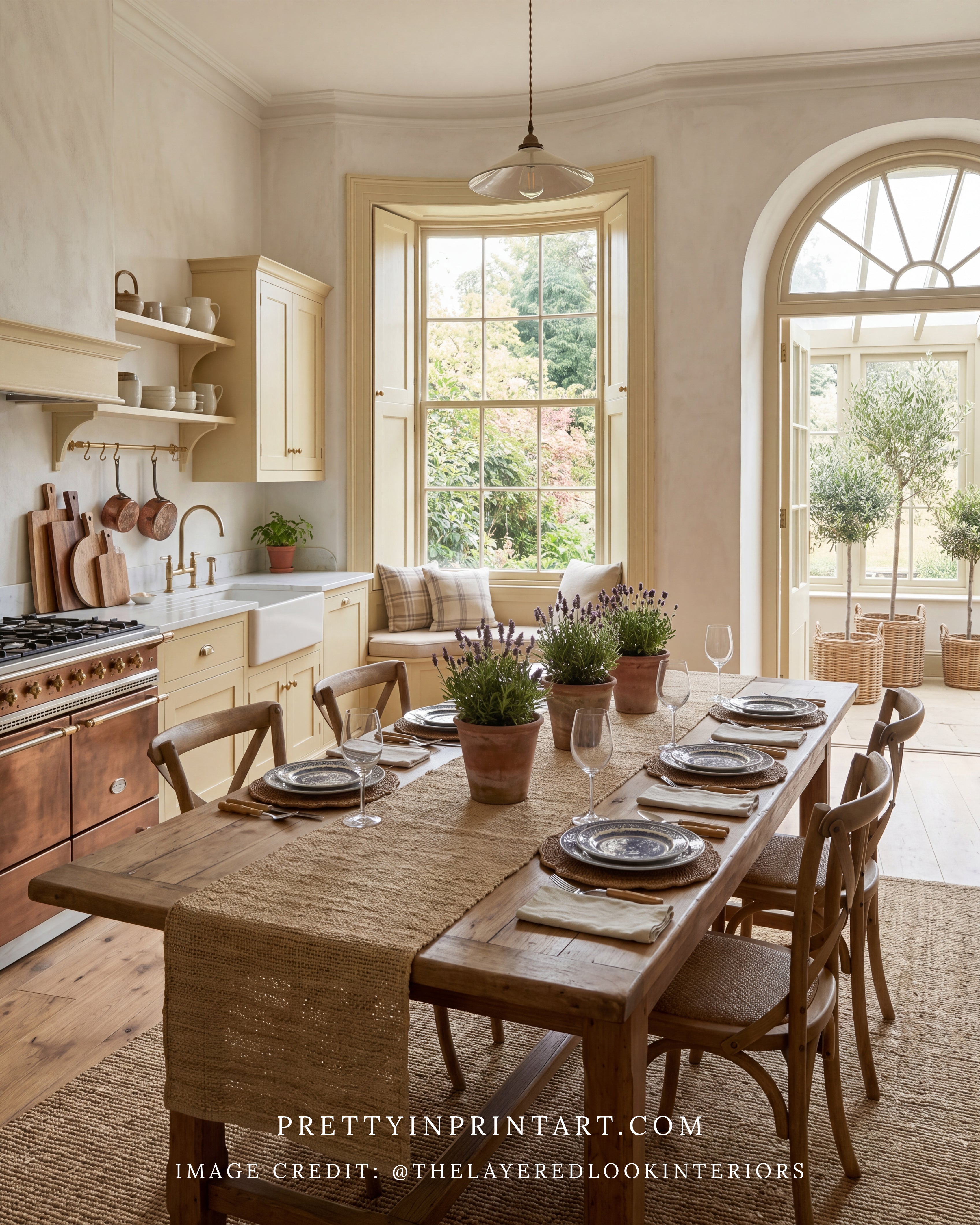 Dining room with wooden table set for a meal, large windows, and kitchen in the background.