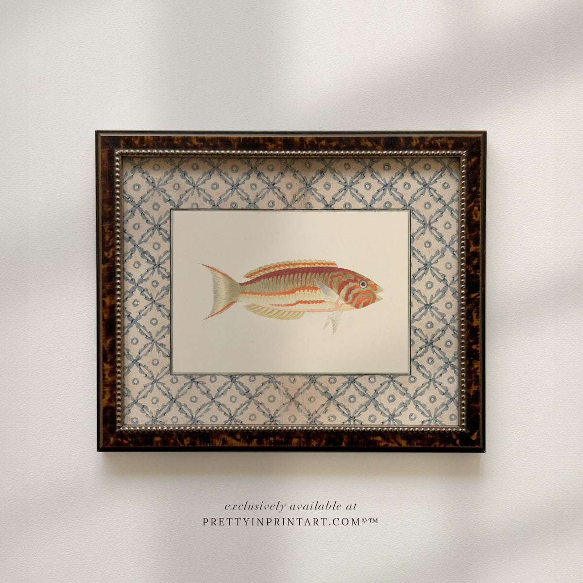 Vintage orange-striped fish art print with a blue lattice border in a tortoiseshell-style wooden frame, front view