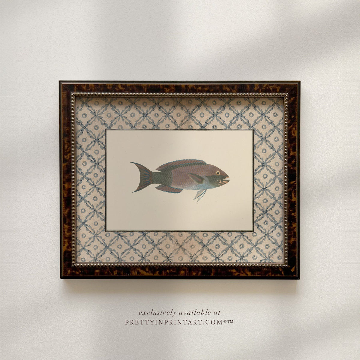 Vintage dusky blue-grey fish art print with a blue lattice border in a tortoiseshell-style wooden frame, front view