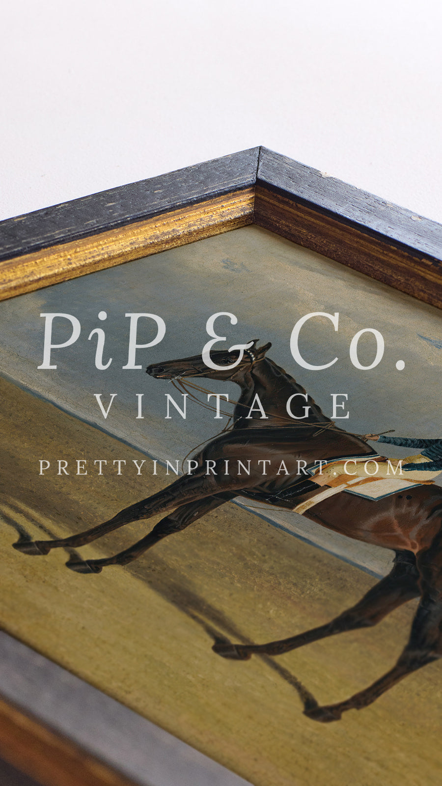 framed-vintage-race-horse-art-print-distressed-black-frame-with-antique-gold-detailing-equestrian-wall-art-traditional-english-country-home-decor