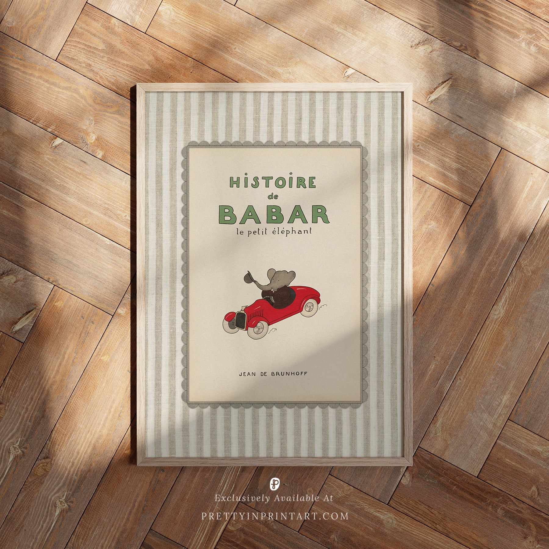 Neutral nursery elephant print – framed vintage Babar art