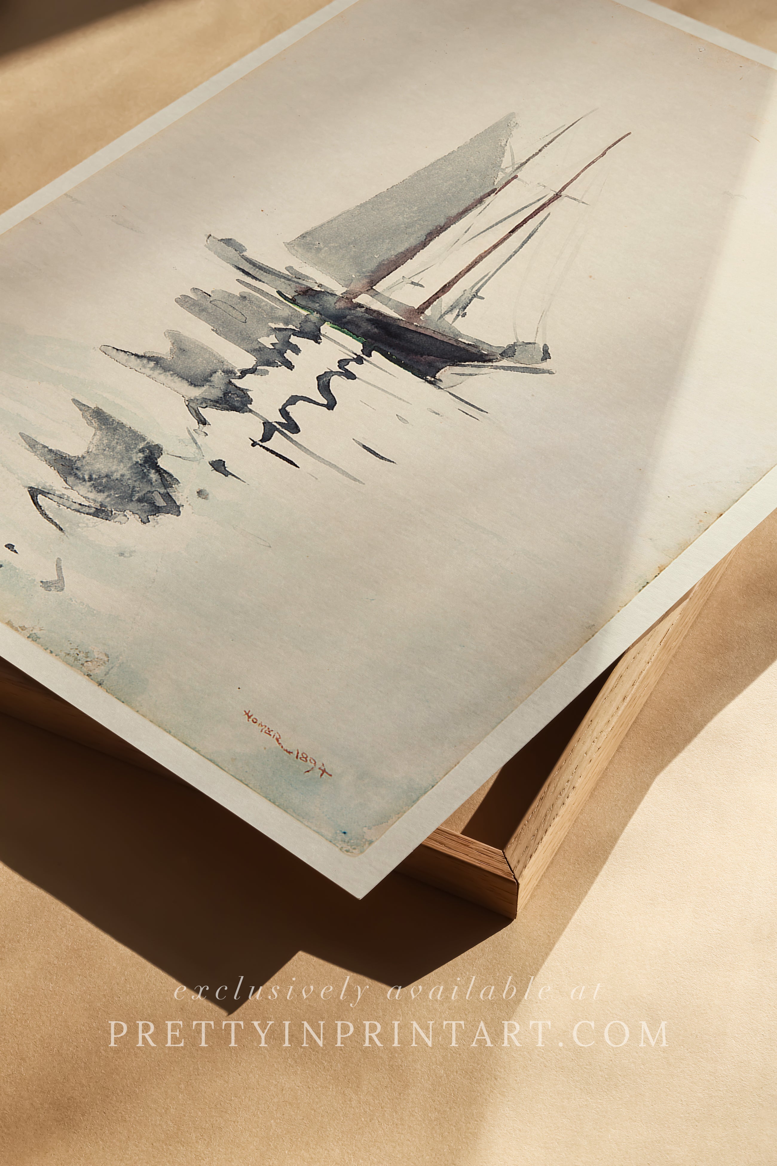 Detailed antique sailing boat sketch art print for vintage nautical and coastal themed interiors