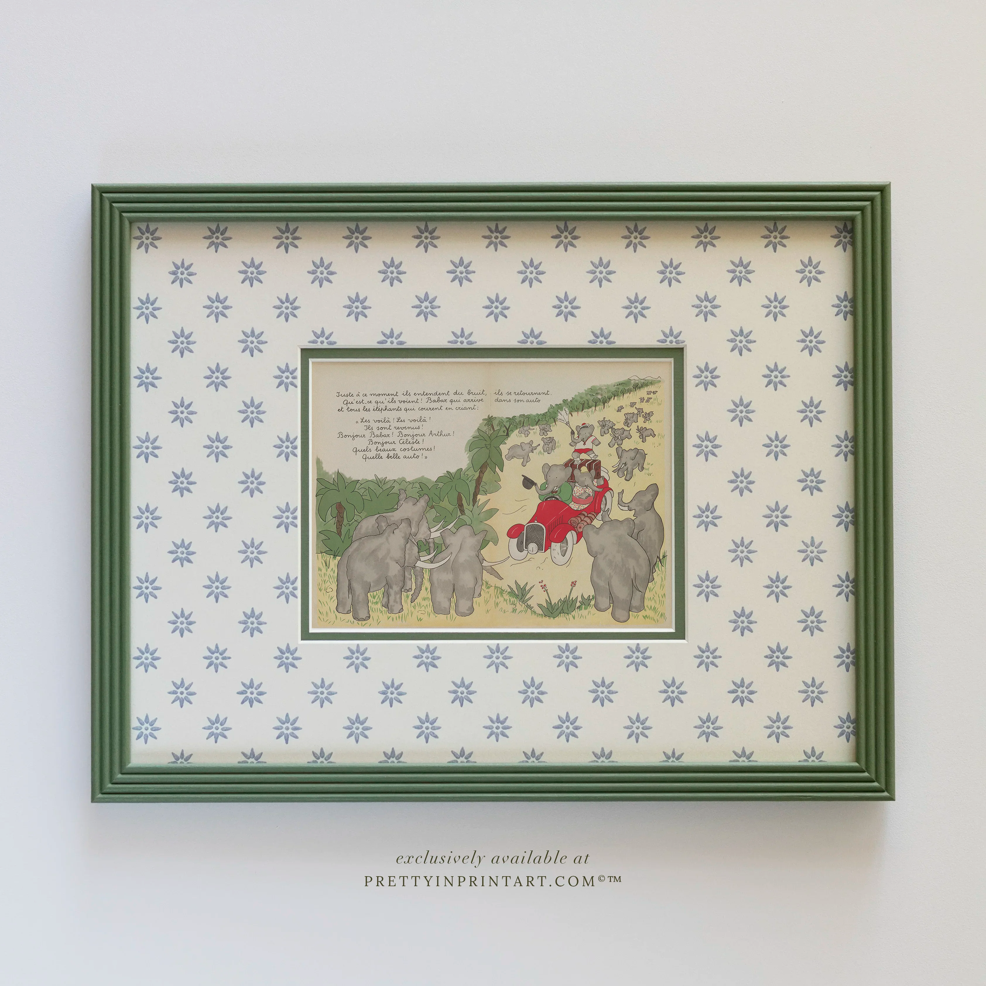 Set of 4 Babar Nursery Art Print in Green Hand Painted Frame | Wallpapered Mount