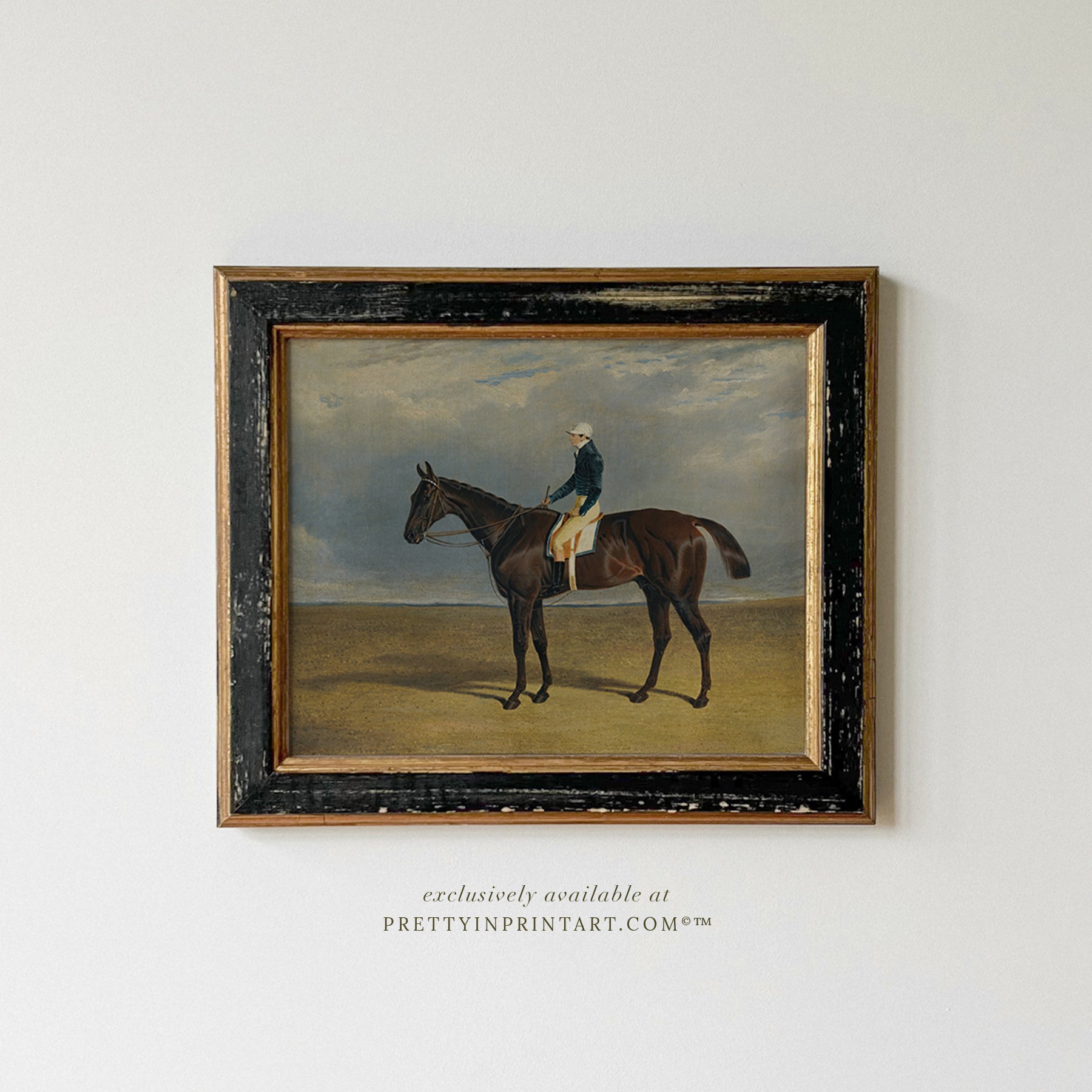 framed-vintage-race-horse-art-print-distressed-black-frame-with-antique-gold-detailing-equestrian-wall-art-traditional-english-country-home-decor