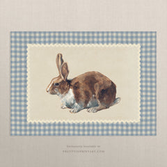 Vintage Nursery Art; Bunny Rabbit Print; Gingham | Unframed