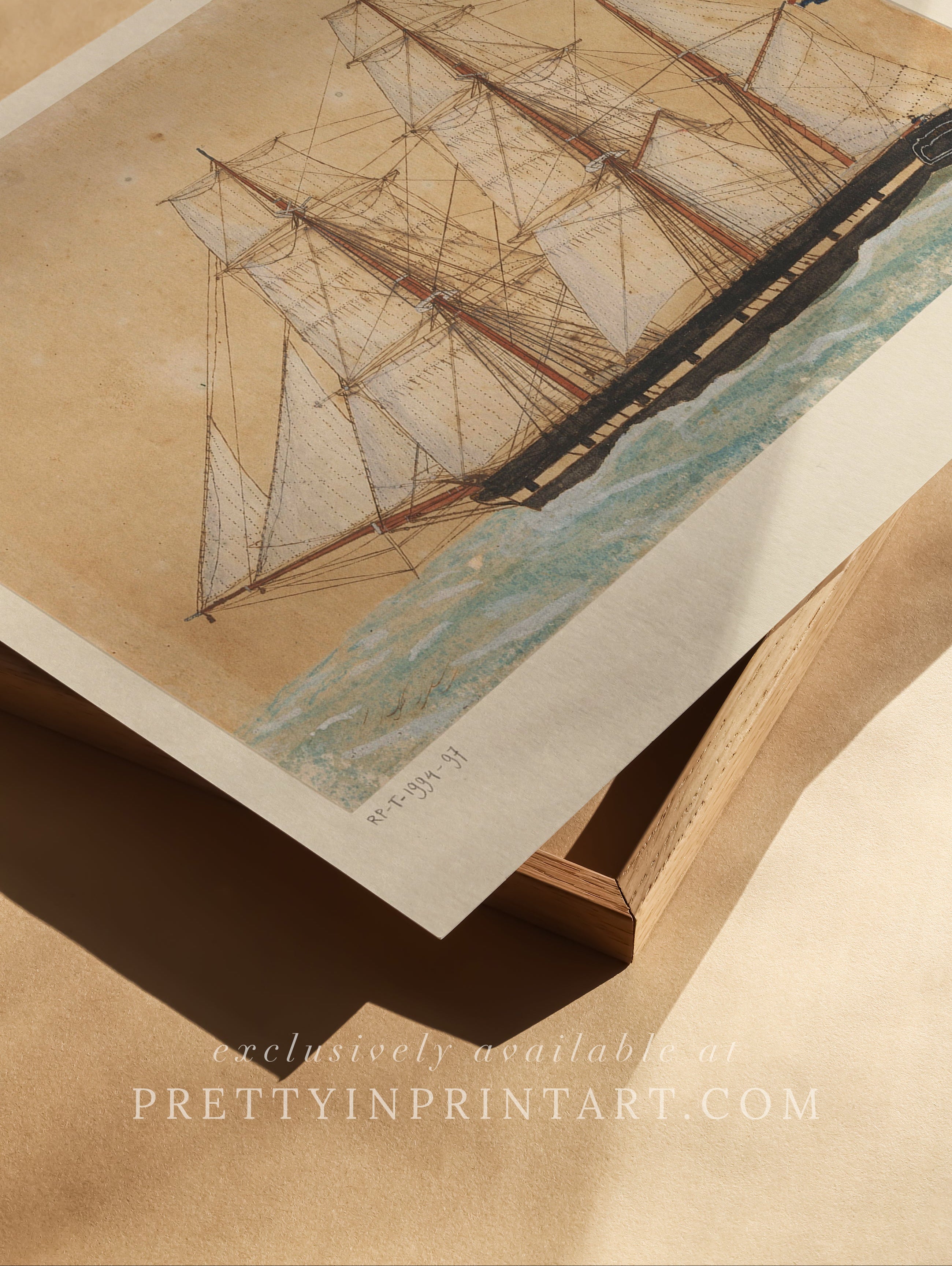 Elegant antique sailing boat sketch print for vintage coastal and nautical interior wall decor