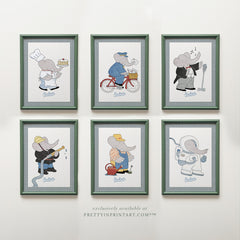Babar Nursery Art (set of 6) | Framed (Calke Green Farrow & Ball 00303)