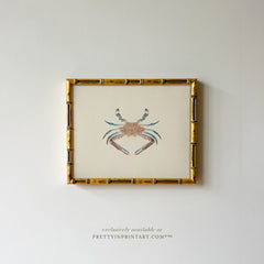 Vintage Crab Art Print – Chinoiserie Style, Framed in Gold Bamboo Frame for Bathroom Wall Art (00705, 0178)