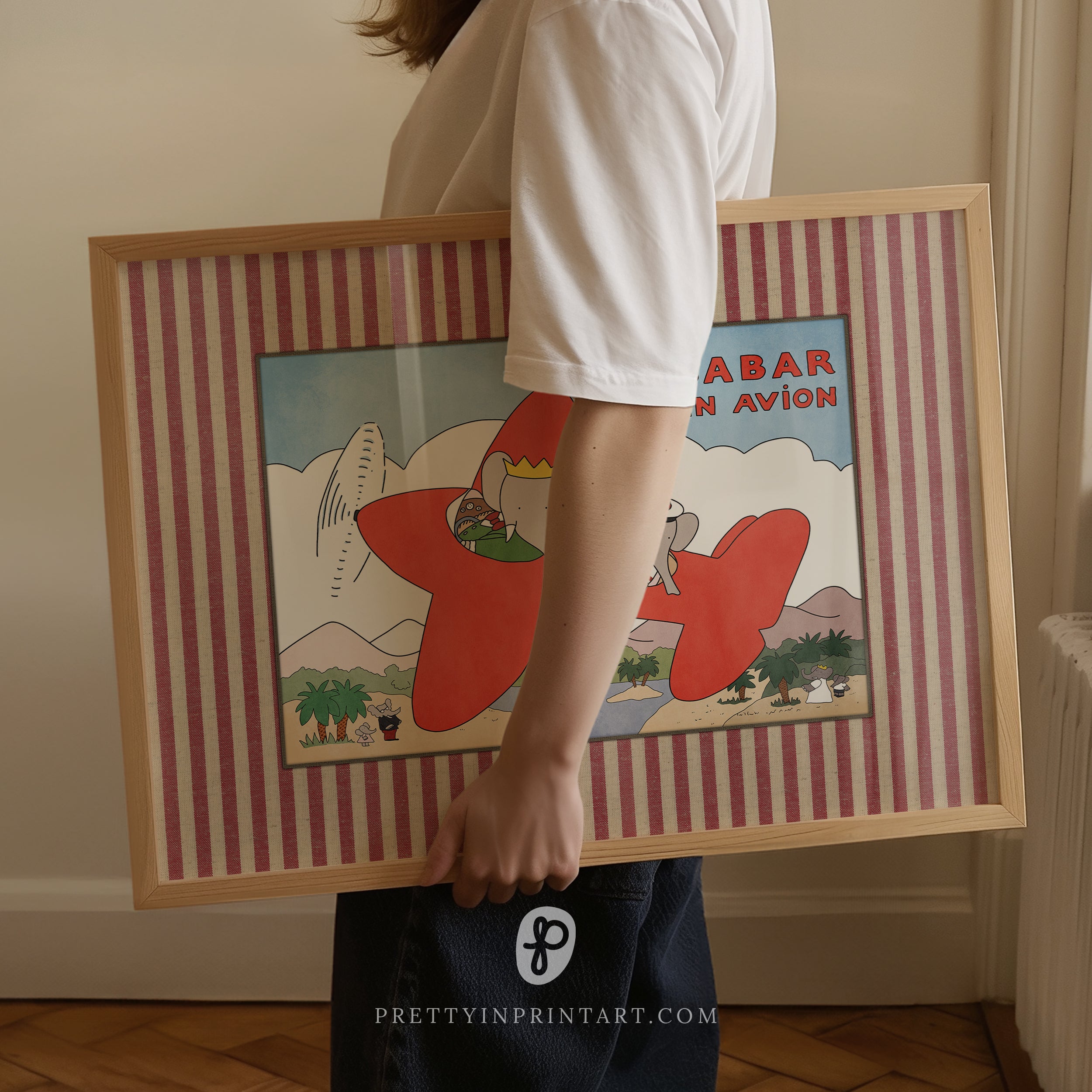 framed-babar-nursery-art-red-plane-elephant-vintage-wall-print