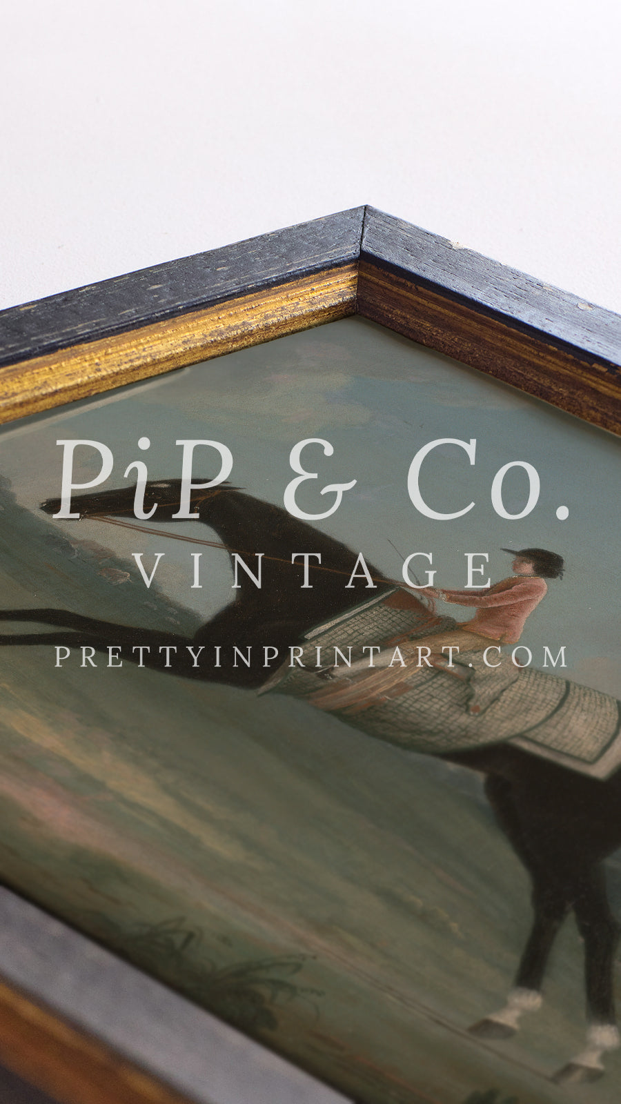 framed-vintage-race-horse-art-print-distressed-black-frame-with-antique-gold-detailing-equestrian-wall-art-traditional-english-country-home-decor