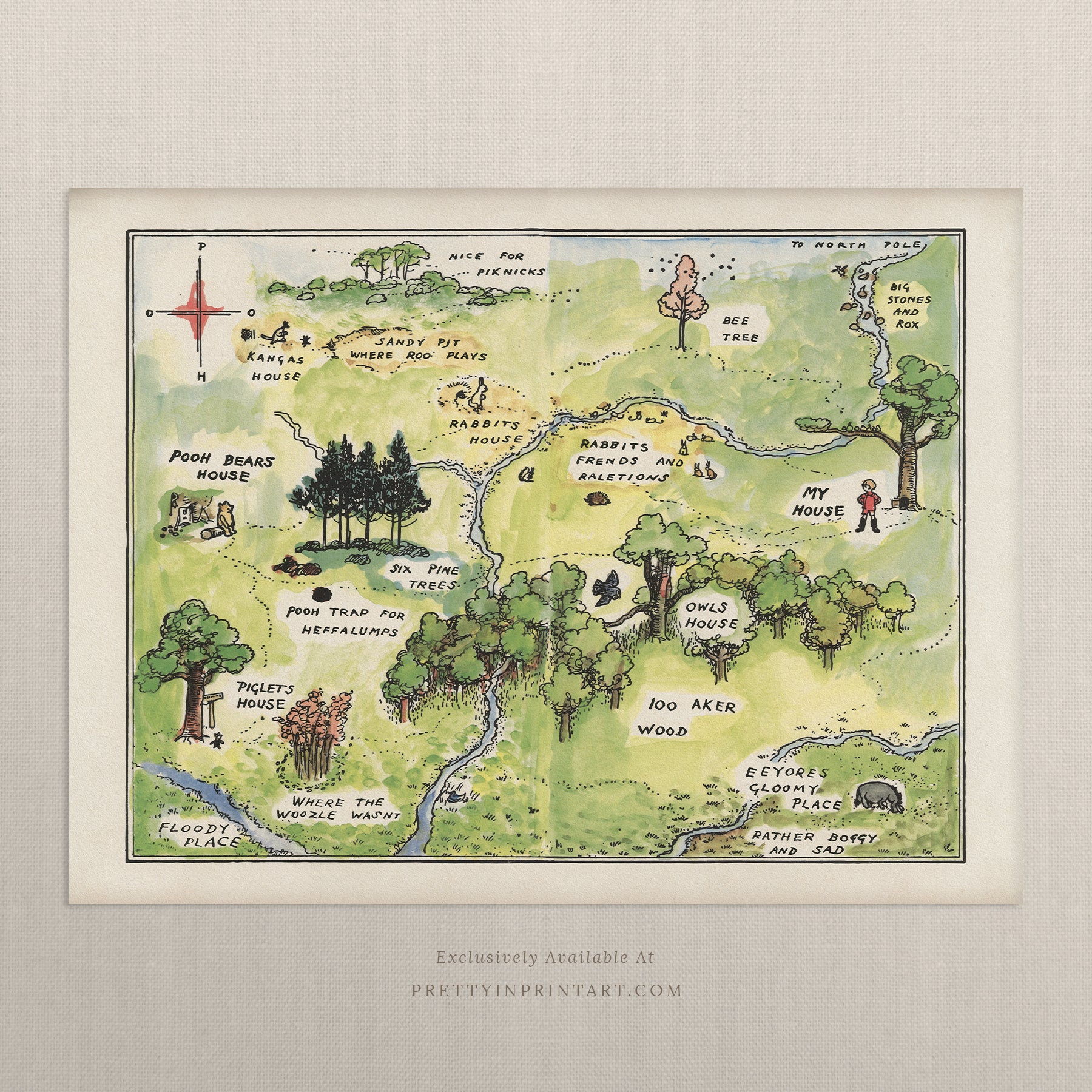 Unframed Winnie the Pooh Nursery Print Hundred Acre Wood Map