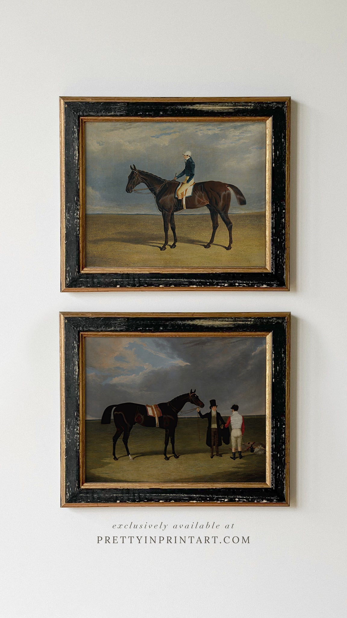 Vintage horse racing art, equestrian print in distressed black and gold antique frame, traditional racing wall décor for homes.