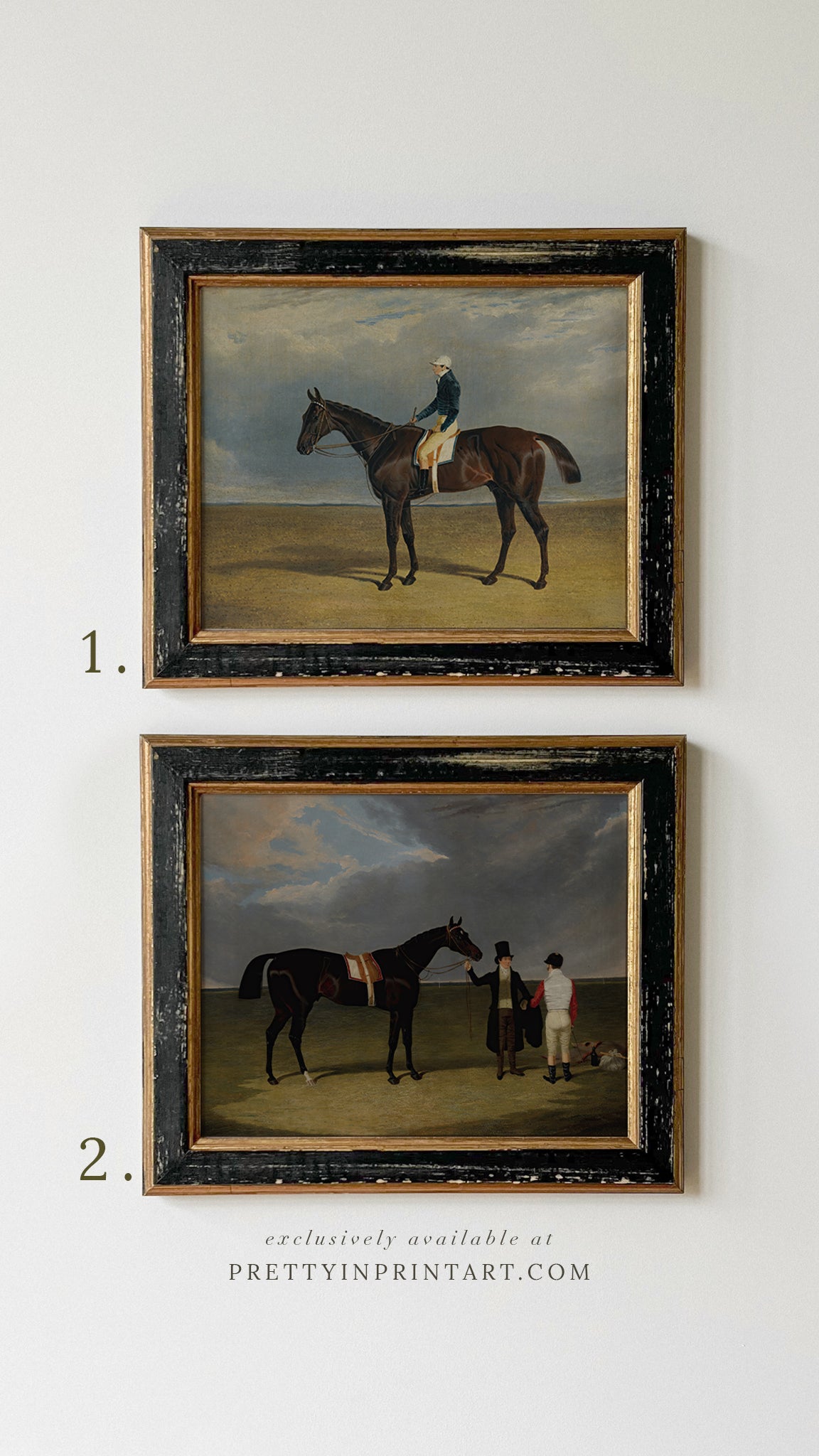 Vintage equestrian horse racing print in distressed black and gold antique‑style frame, classic jockey and thoroughbred art for country or farmhouse décor.