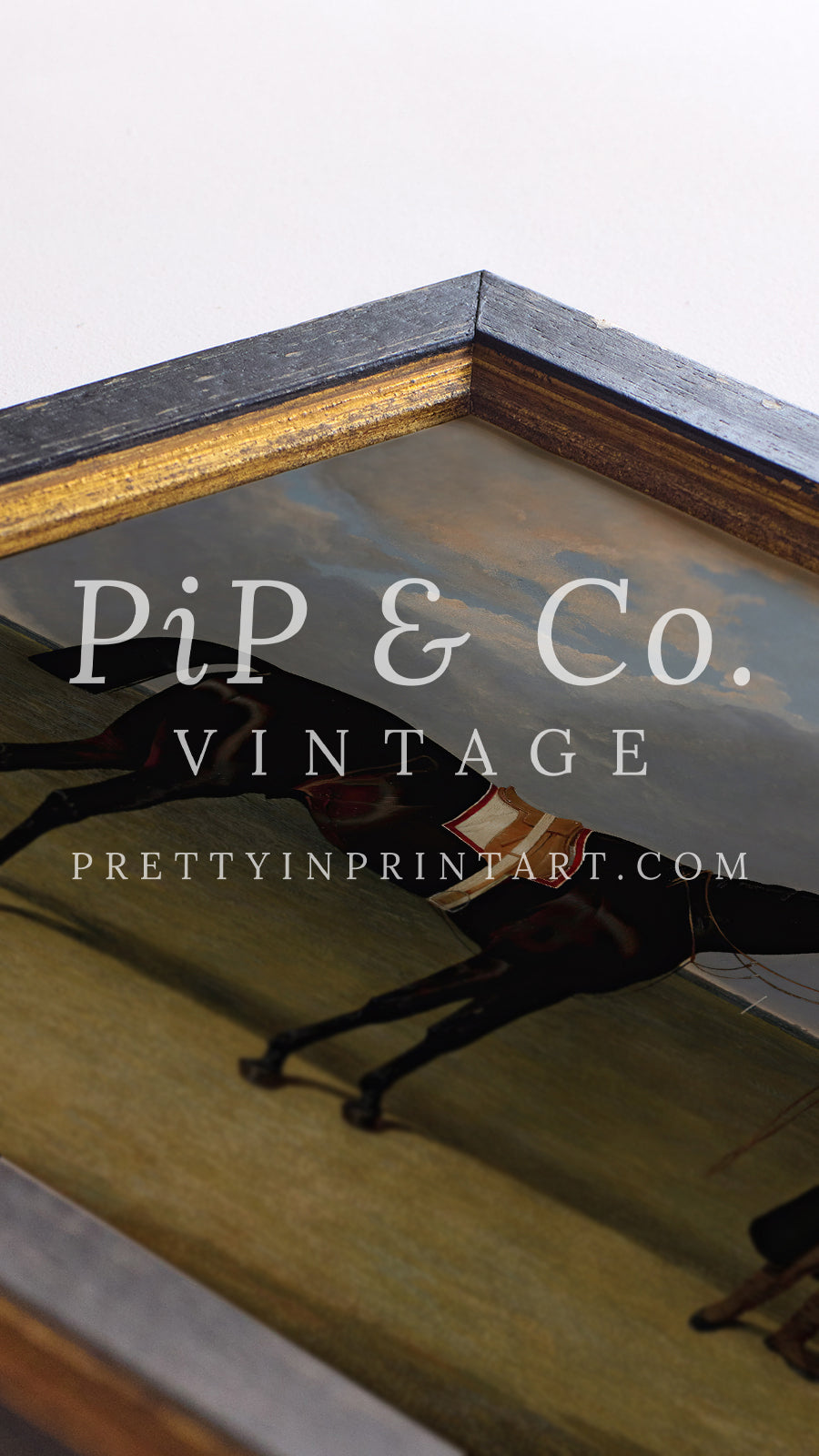 Vintage equestrian horse racing print in distressed black and gold antique‑style frame, classic jockey and thoroughbred art for country or farmhouse décor.
