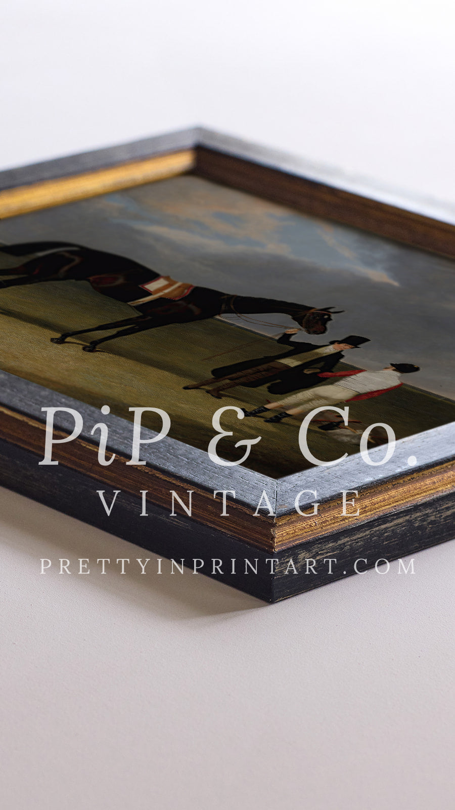 Vintage equestrian horse racing print in distressed black and gold antique‑style frame, classic jockey and thoroughbred art for country or farmhouse décor.