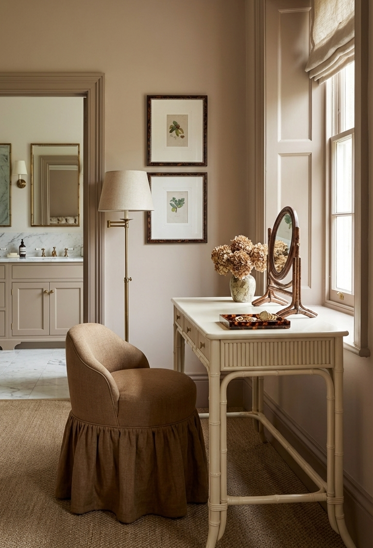 A styled interior scene with a cream vanity table, a brown upholstered skirted chair, a floor lamp, framed botanical prints on the wall, and a window with natural light. No person or animal is present, and the room itself is the setting rather than a clean isolated product shot, so this fits Lifestyle rather than Product/Packaging.