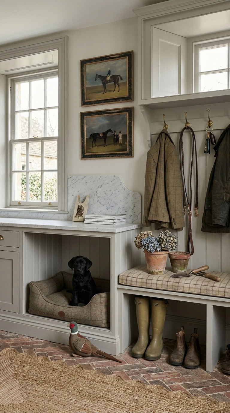 Farmhouse boot room with a bench, wellington boots, and framed vintage horse prints on the wall