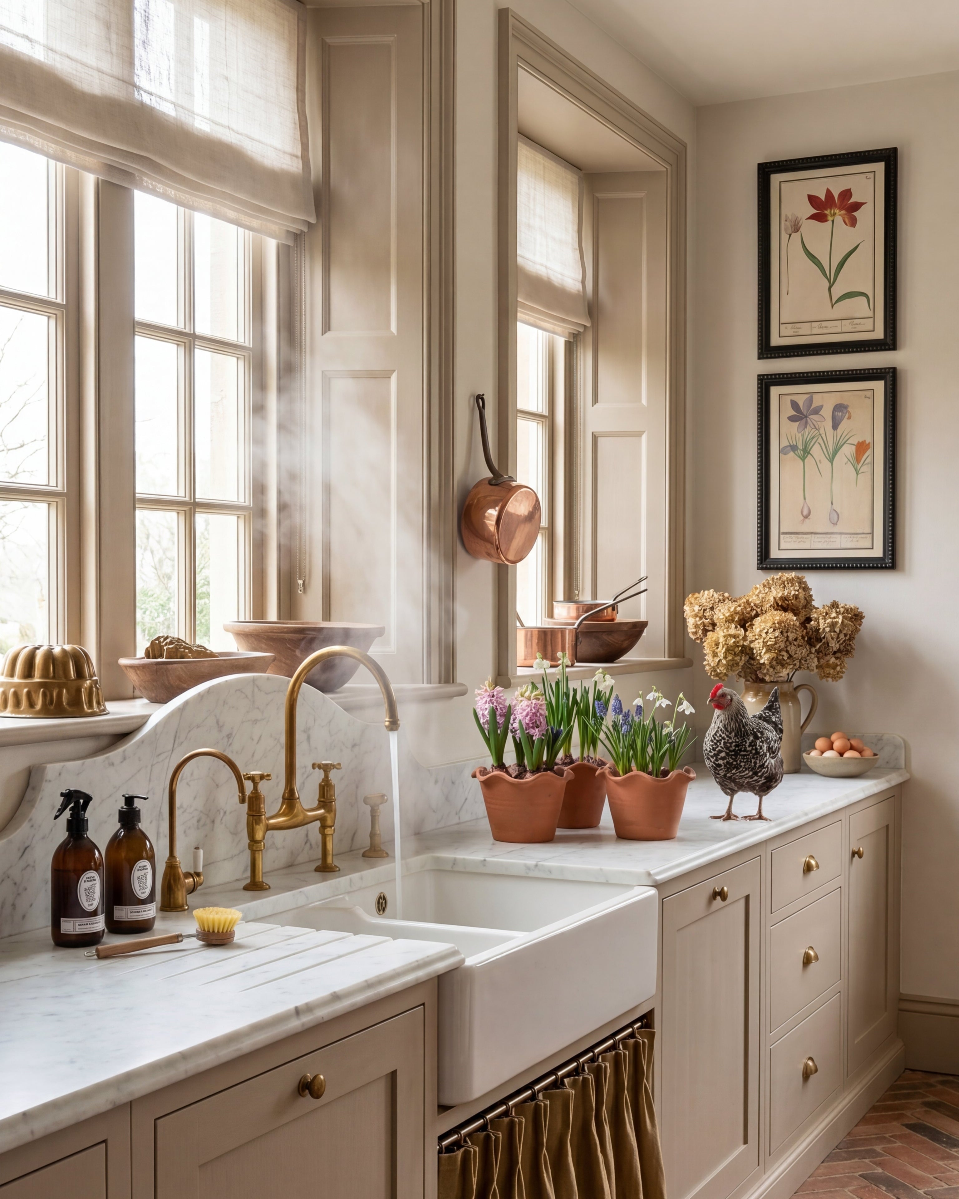 Traditional farmhouse kitchen with chickens. Idyllic countryside lifestyle. Showing how to hang vintage wall art in your kitchen.