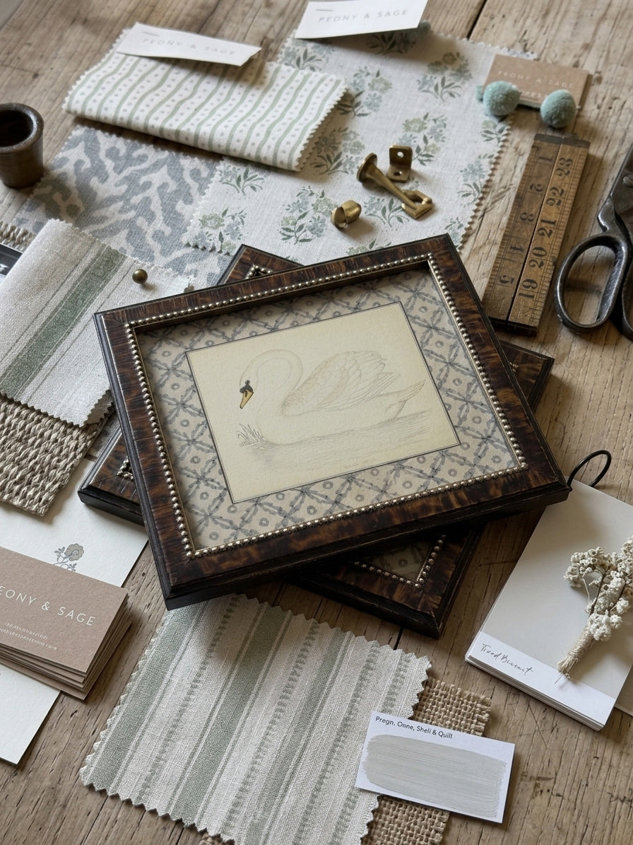 A styled flat-lay of framed home decor and textile swatches on a rustic wooden table. The central subject is a square dark brown wooden frame containing a delicate sketch of a swan on cream paper, surrounded by fabric samples, ribbons, scissors, and small decorative items.