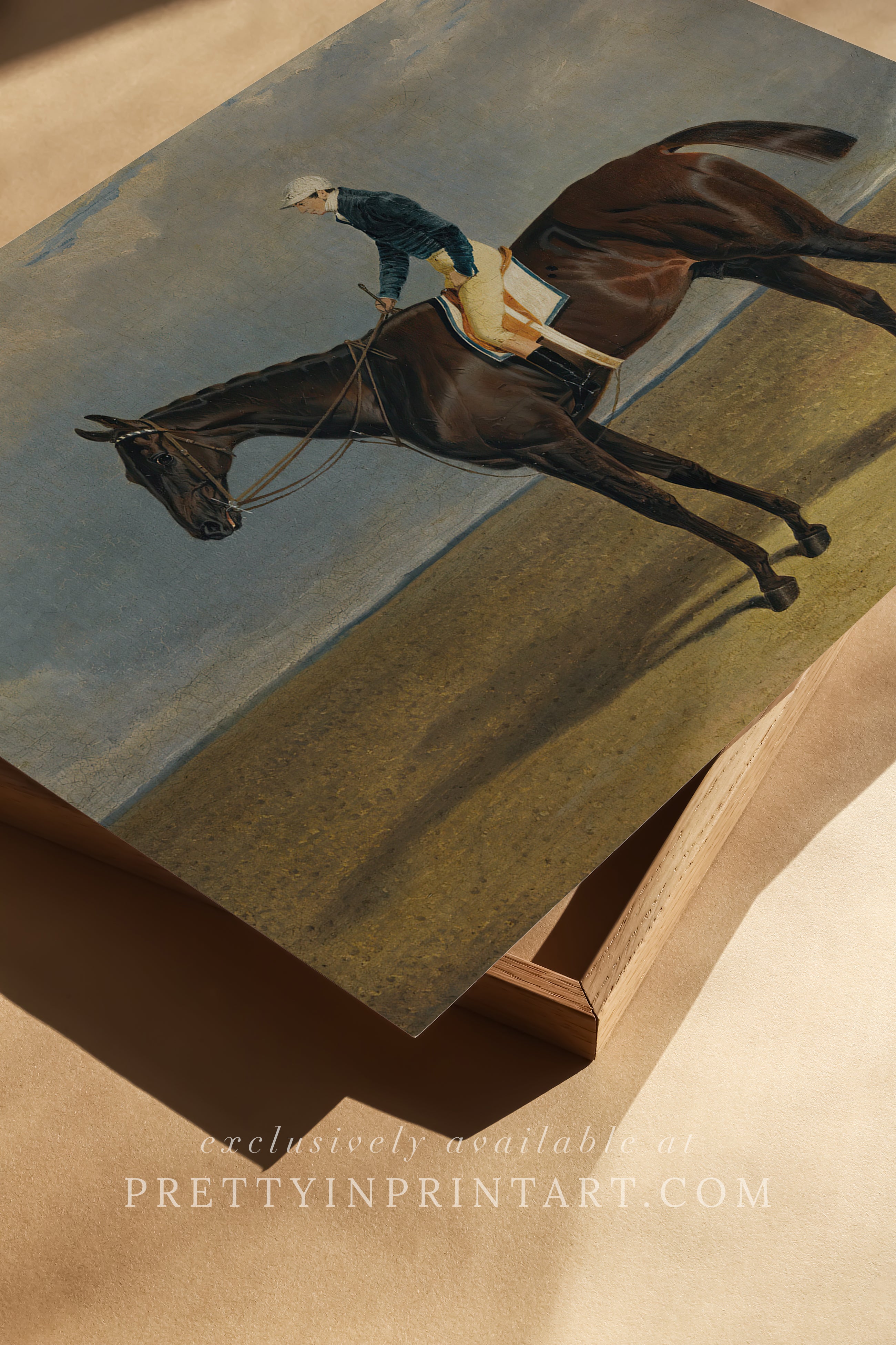 Antique‑style equine wall art, vintage horse racing illustration in distressed black and gold frame for classic interiors.